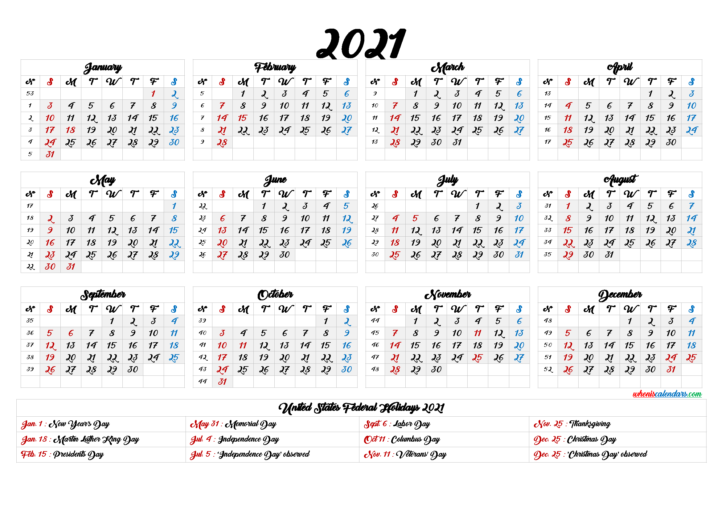 Printable 2021 Calendar With Holidays 12 Templates