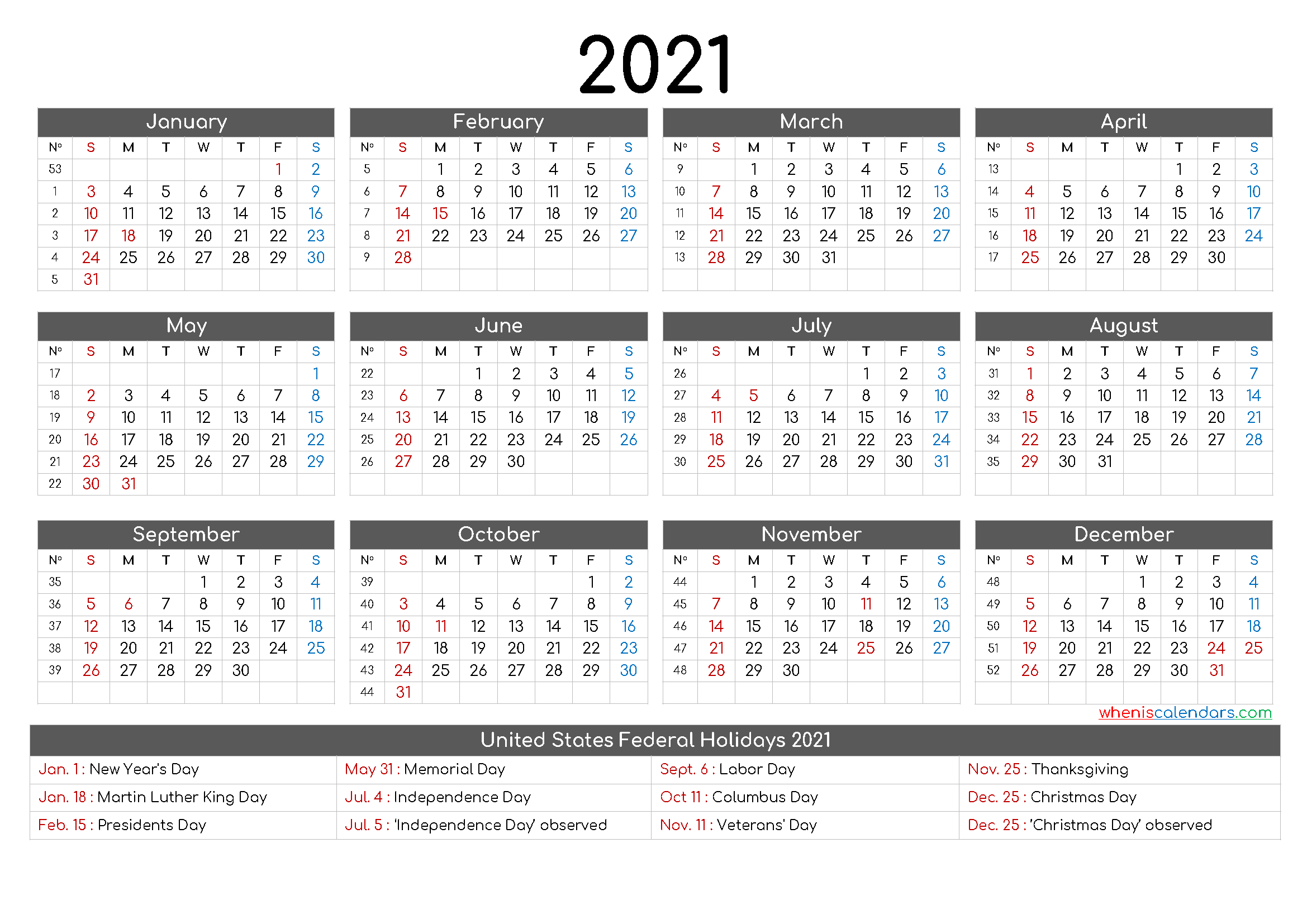 12 Month Printable Calendar 2021