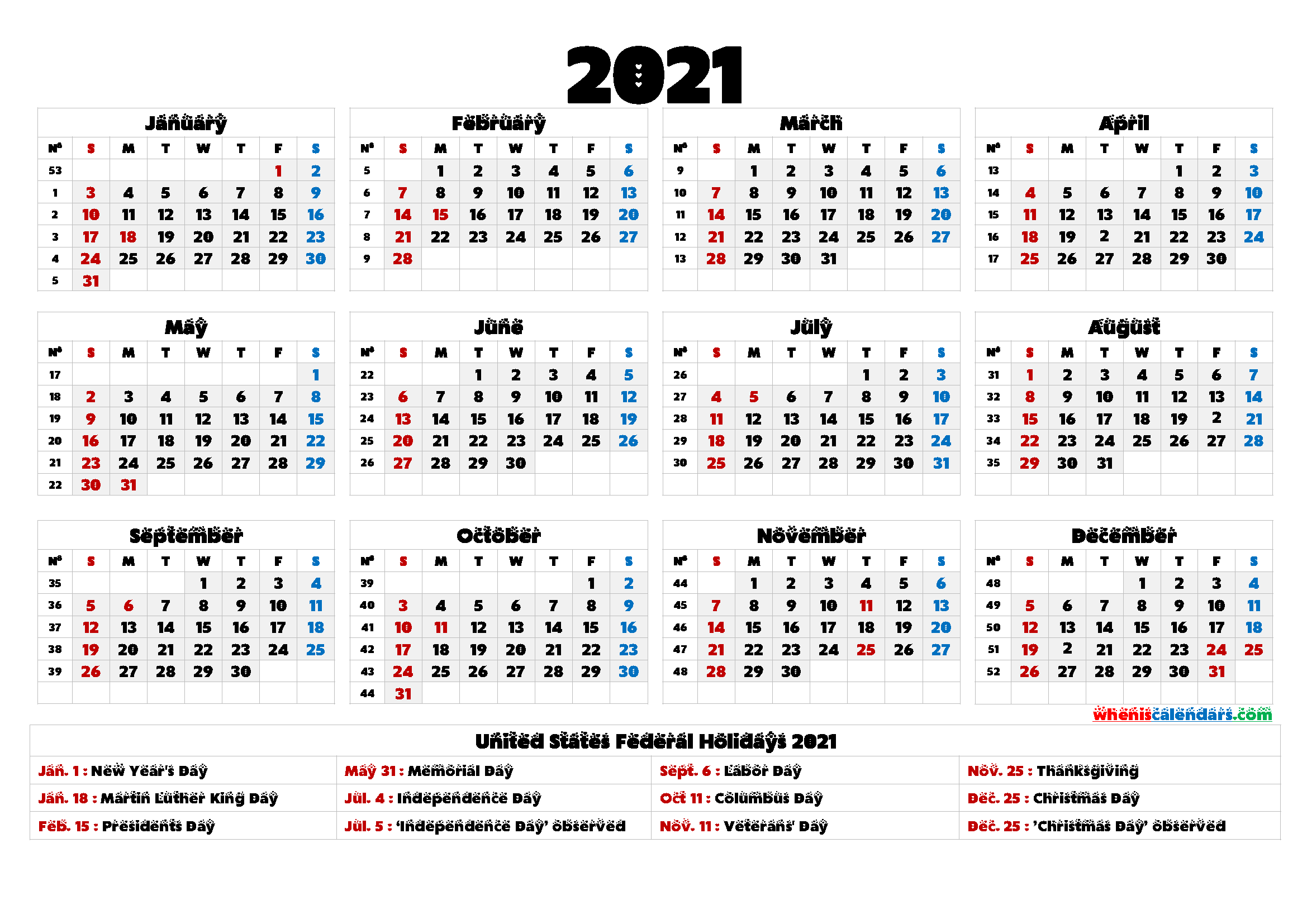 Featured image of post Free Printable Yearly Calendar 2021 With Holidays
