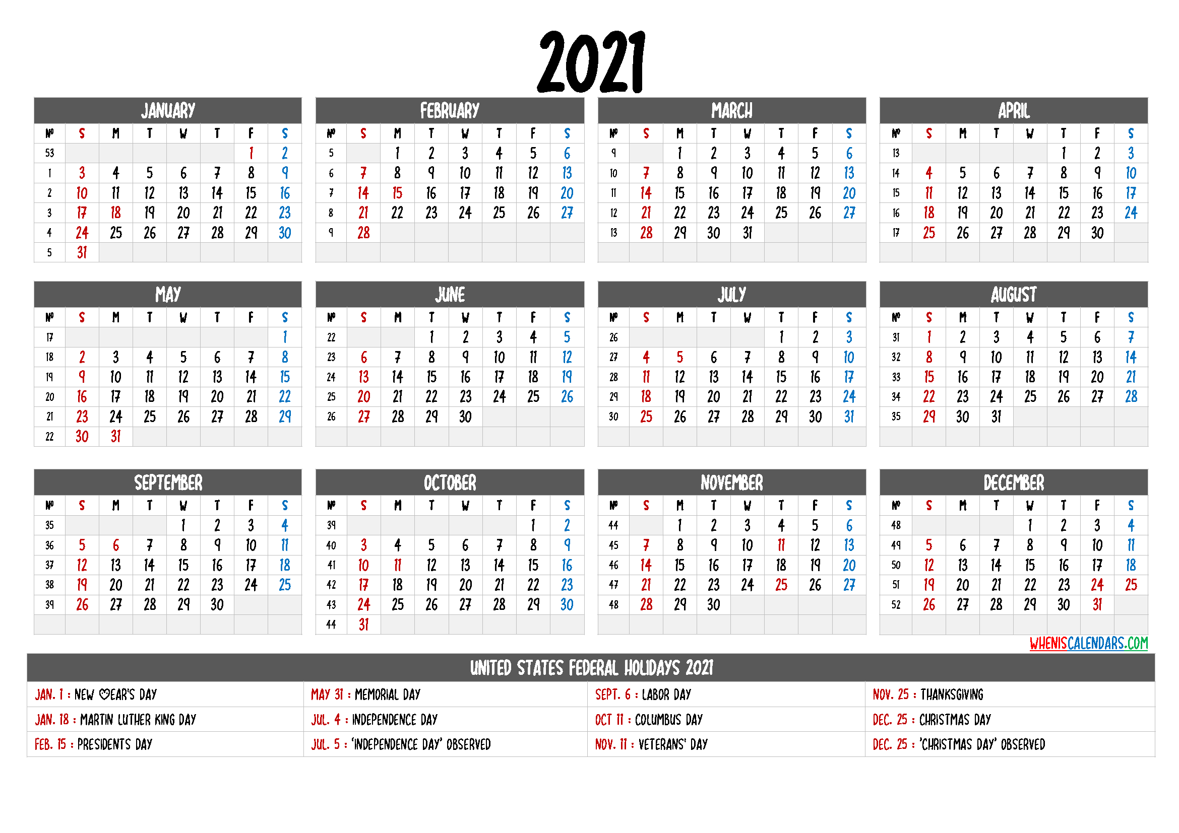 Printable 2021 Calendar One Page - 6 Templates - Free ...