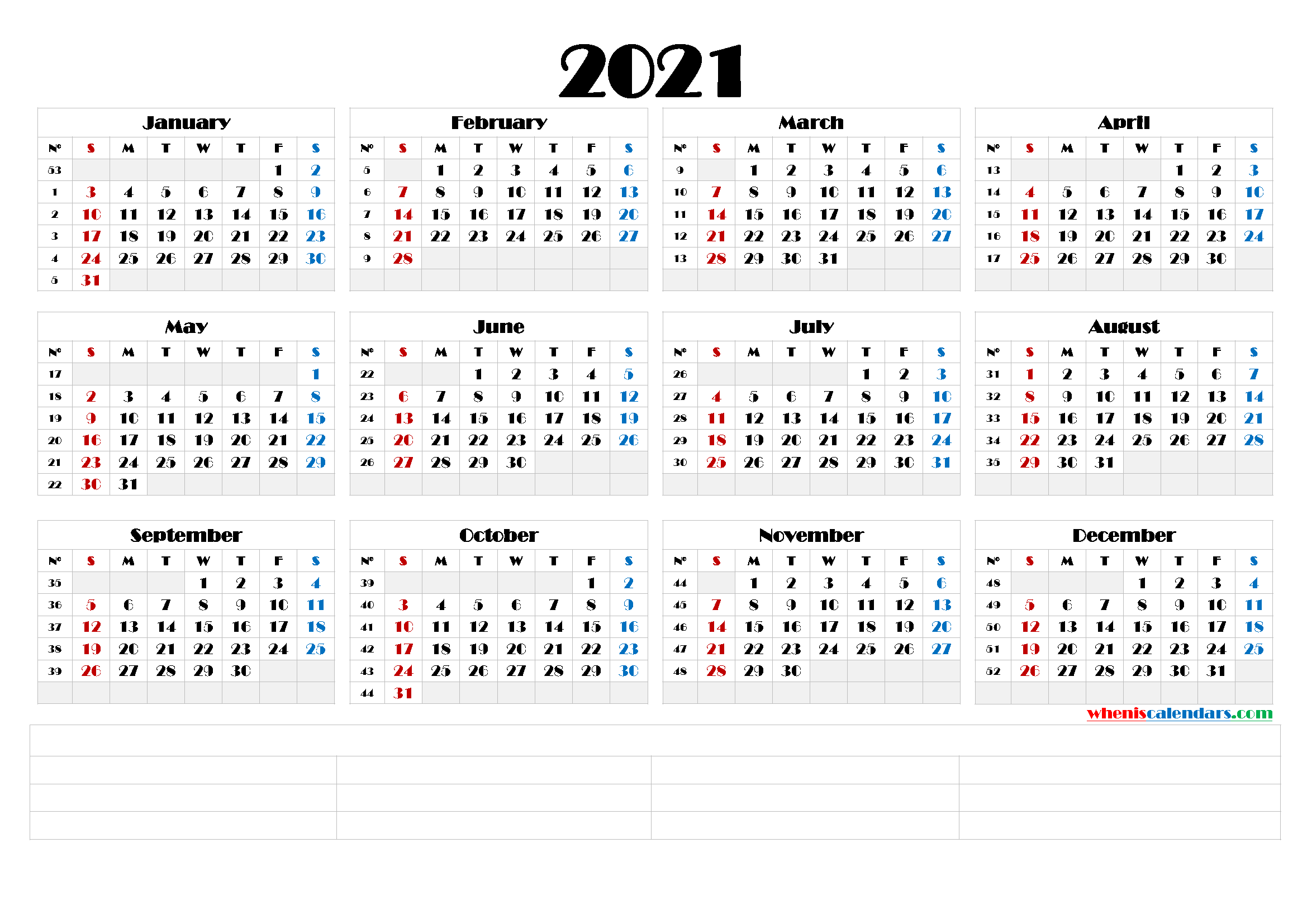 2021 Yearly Calendar Printable Word