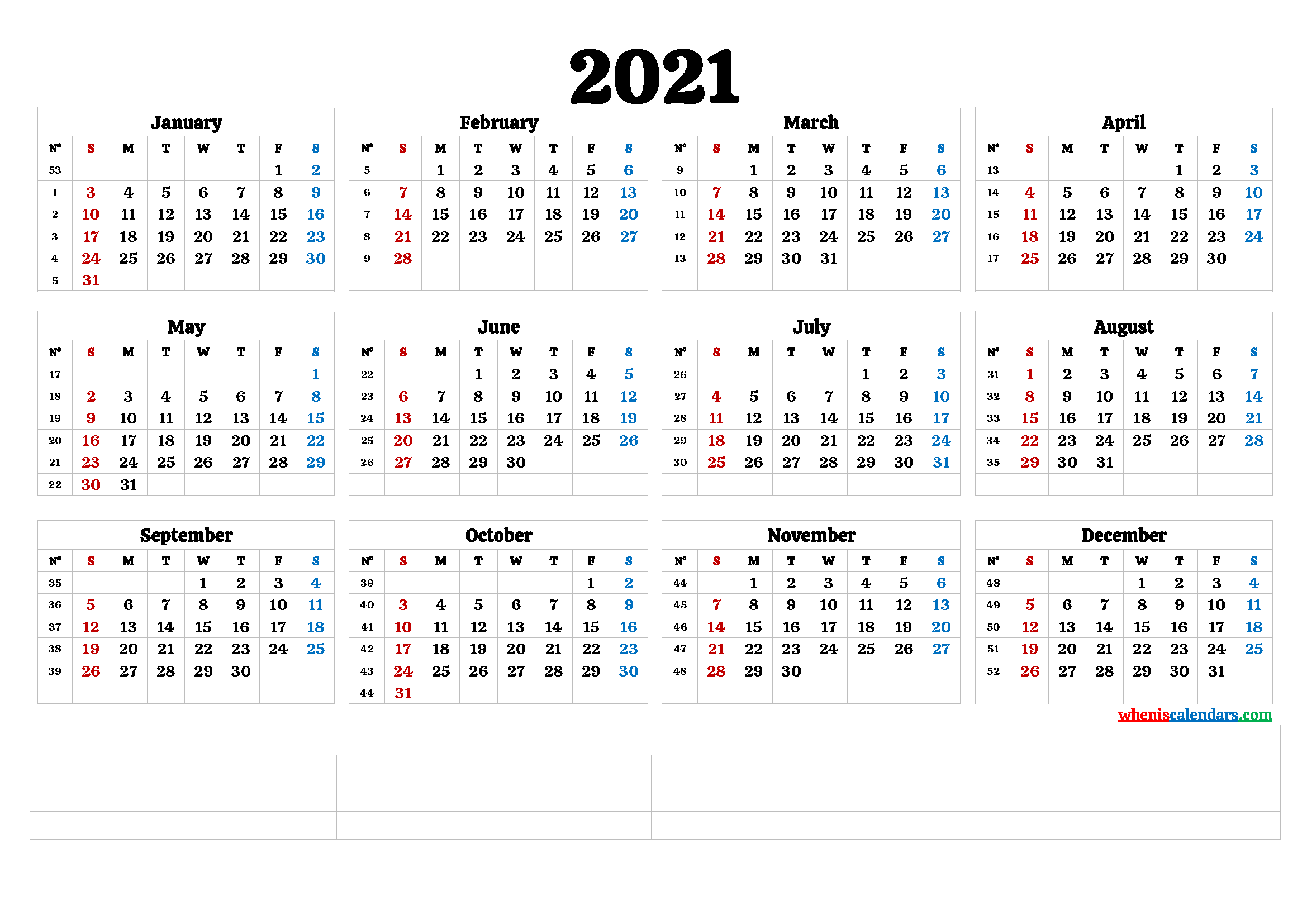 2021 Free Yearly Calendar With Numbers [Premium
