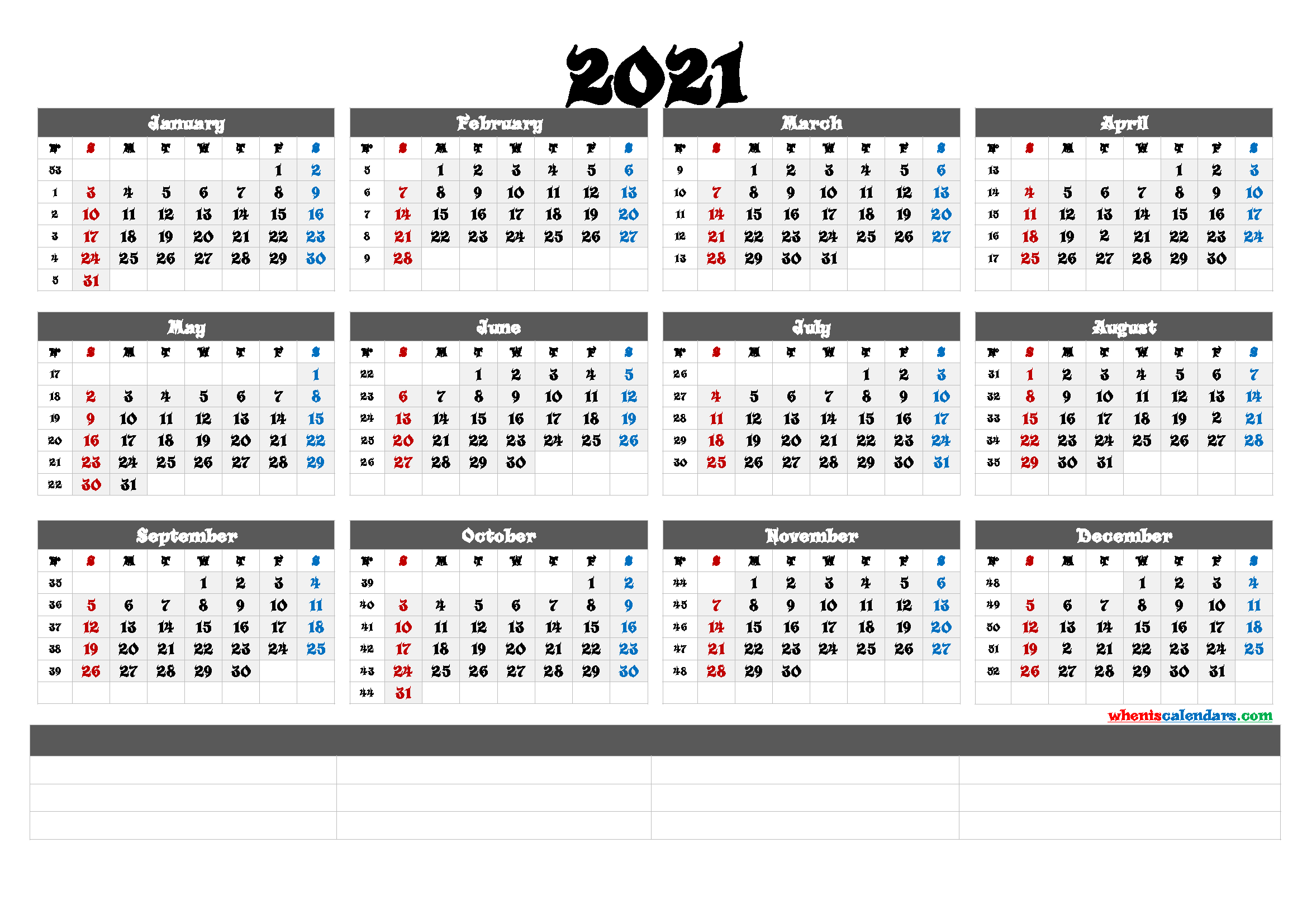 printable 2021 yearly calendar with week numbers 6 templates