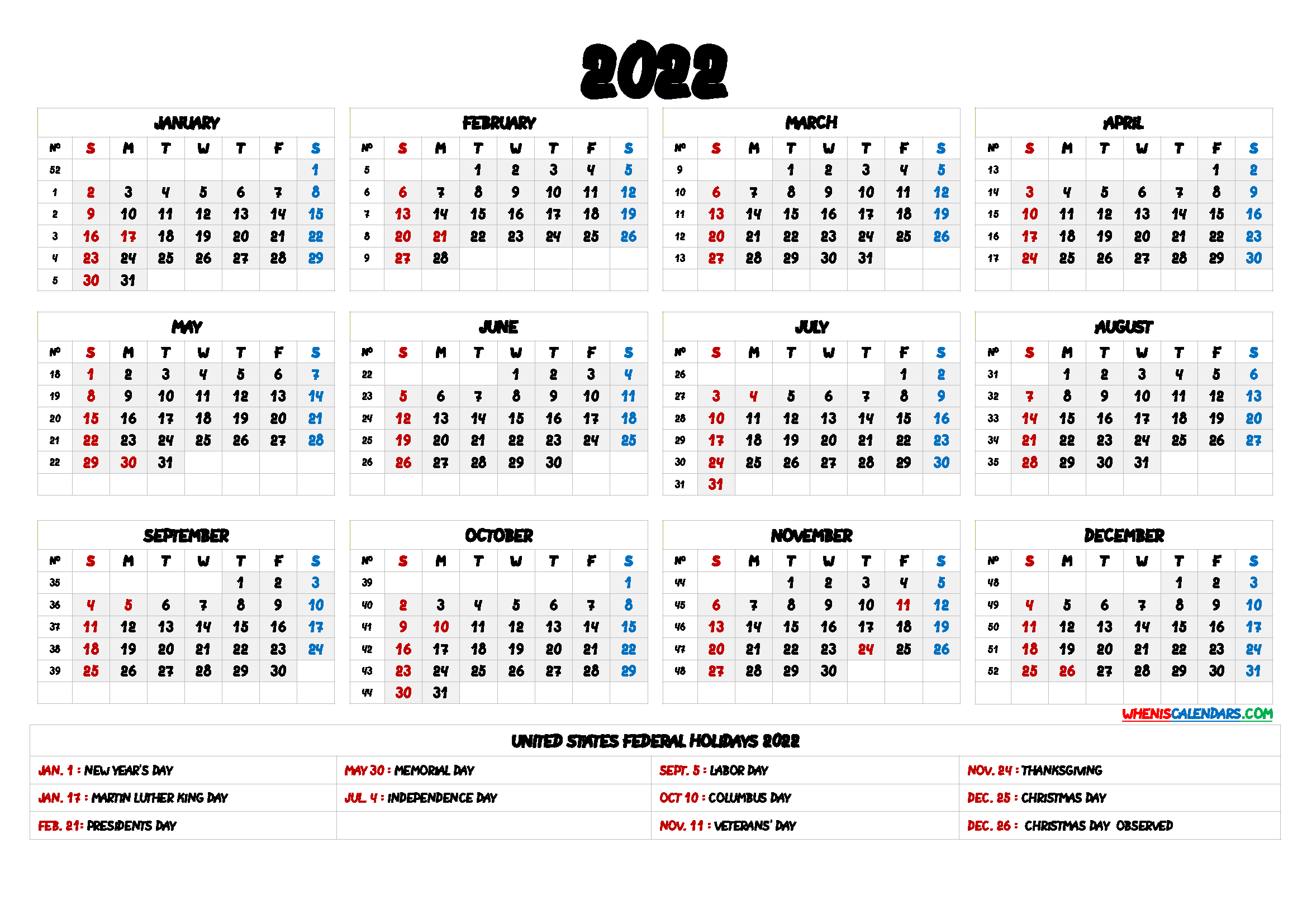 Free Printable 2022 Yearly Calendar With Holidays - 9 Templates