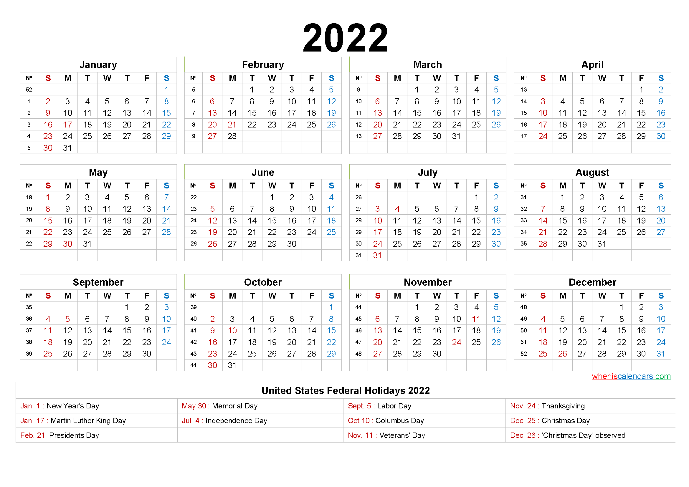 2022 One Page Calendar Printable PDF Landscape PDF Image 