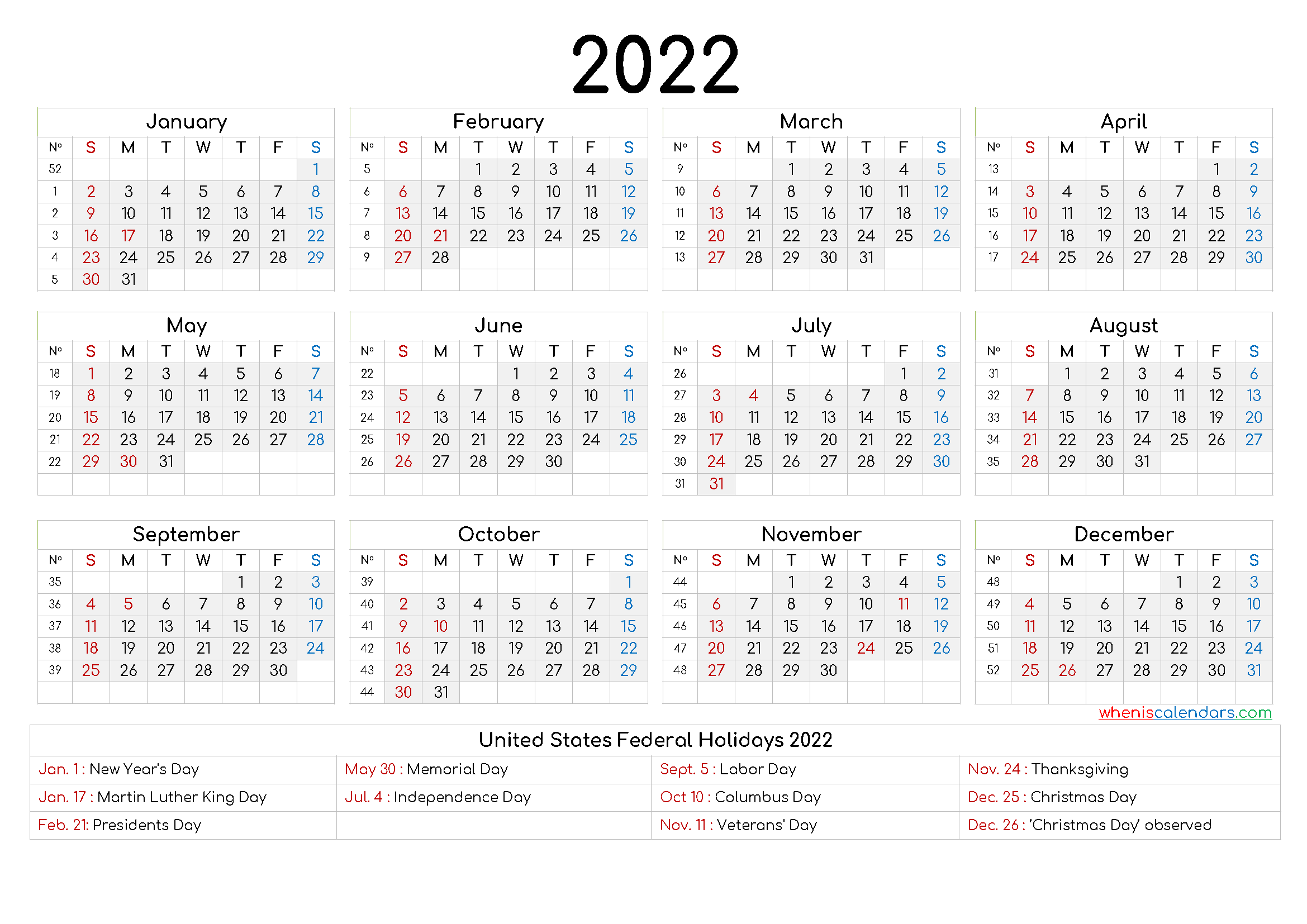 mini calendar printable 2022