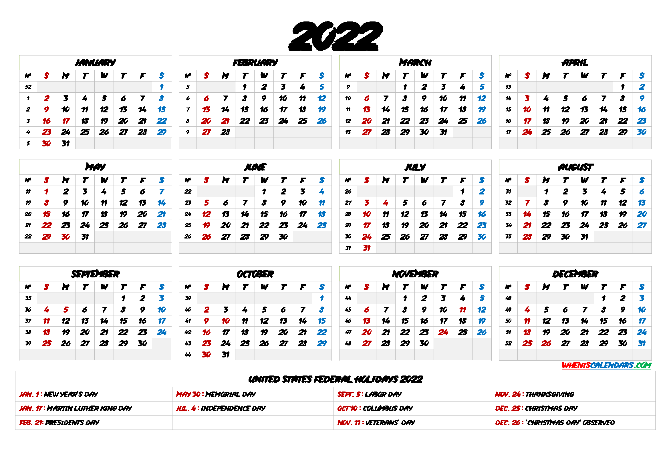  2022  Yearly Calendar  template Word 6 Templates