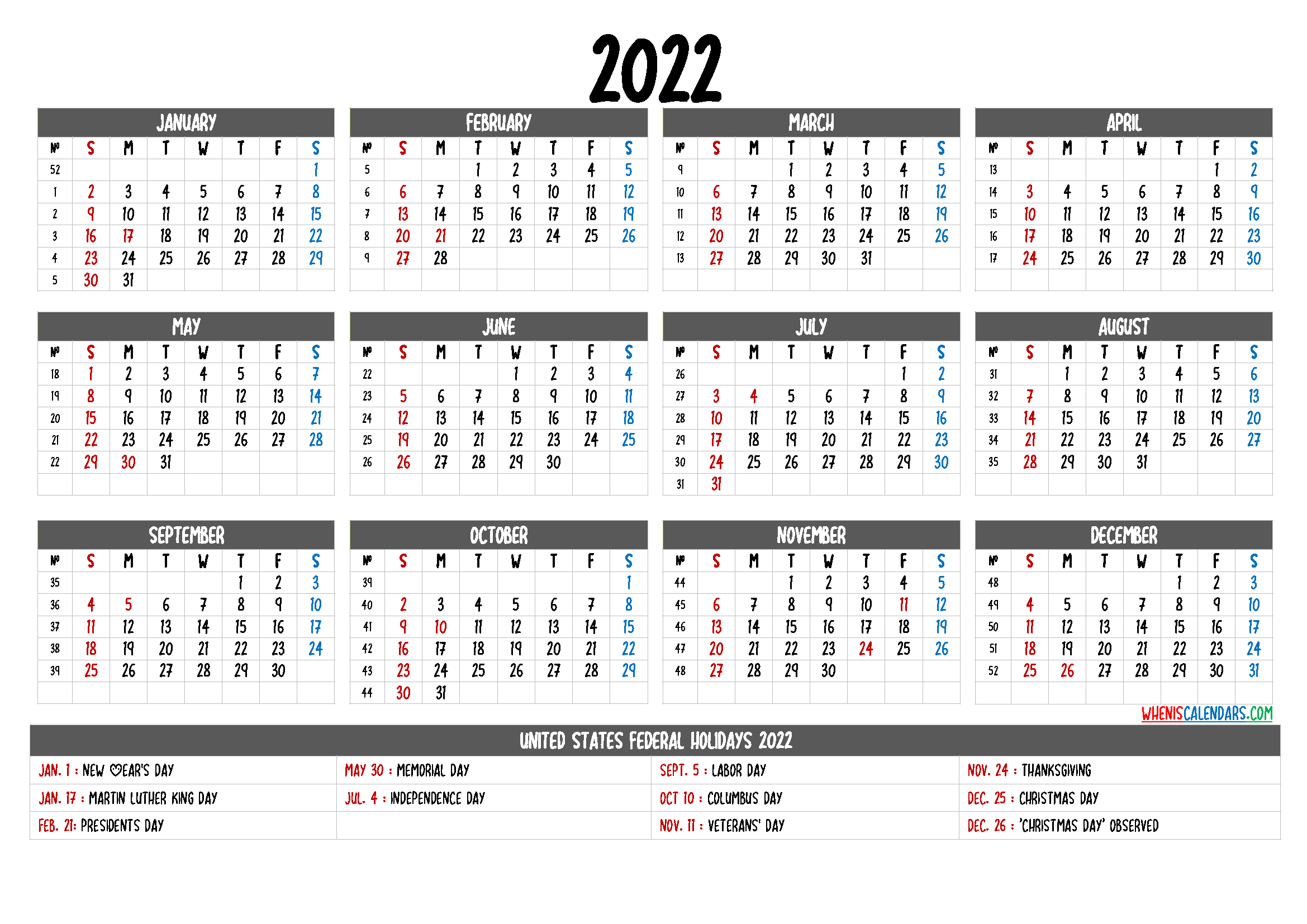 Printable 2022 Yearly Calendar With Holidays 12 Templates