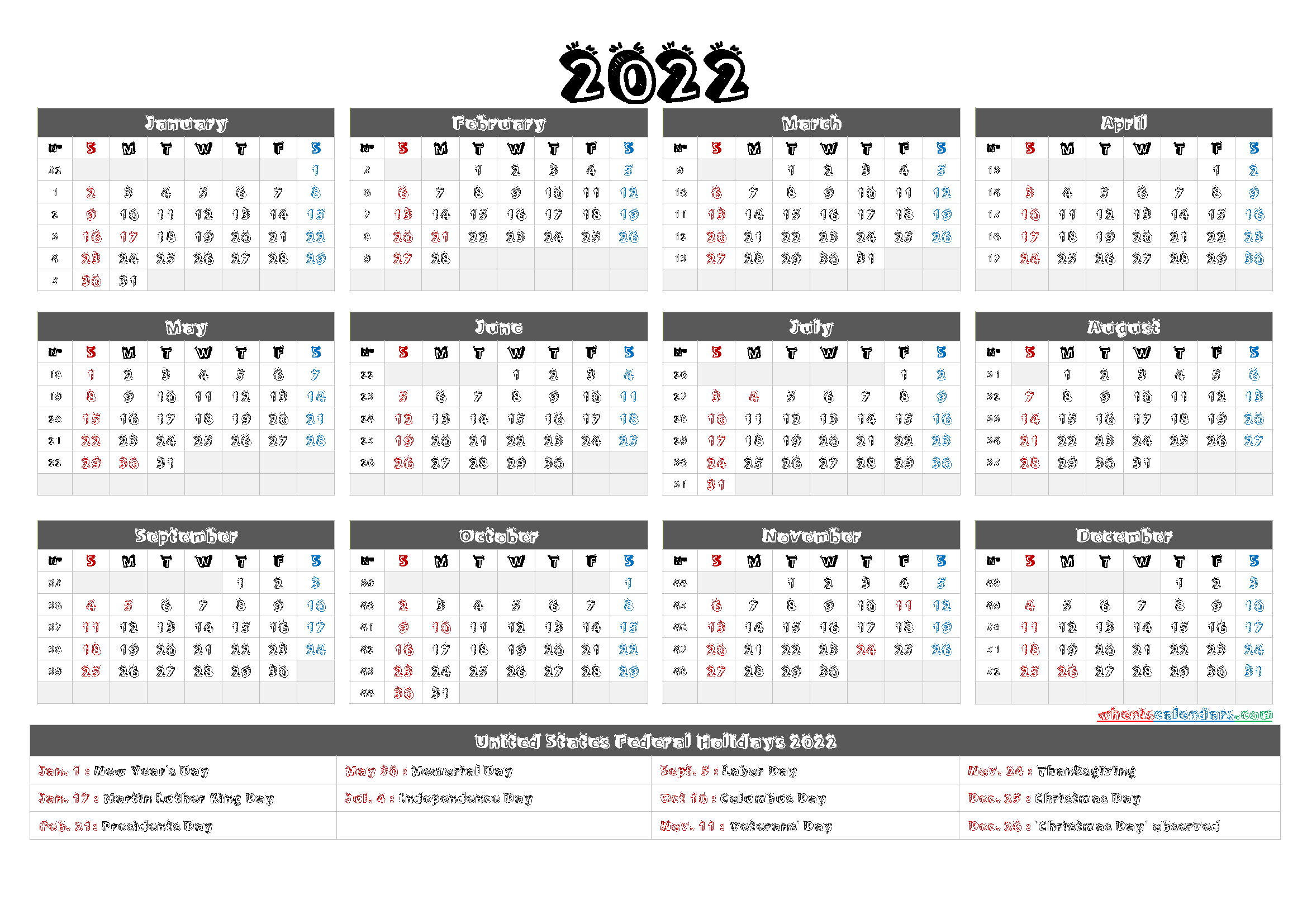 Free Printable 2022 Yearly Calendar with Holidays – 9 Templates – Free