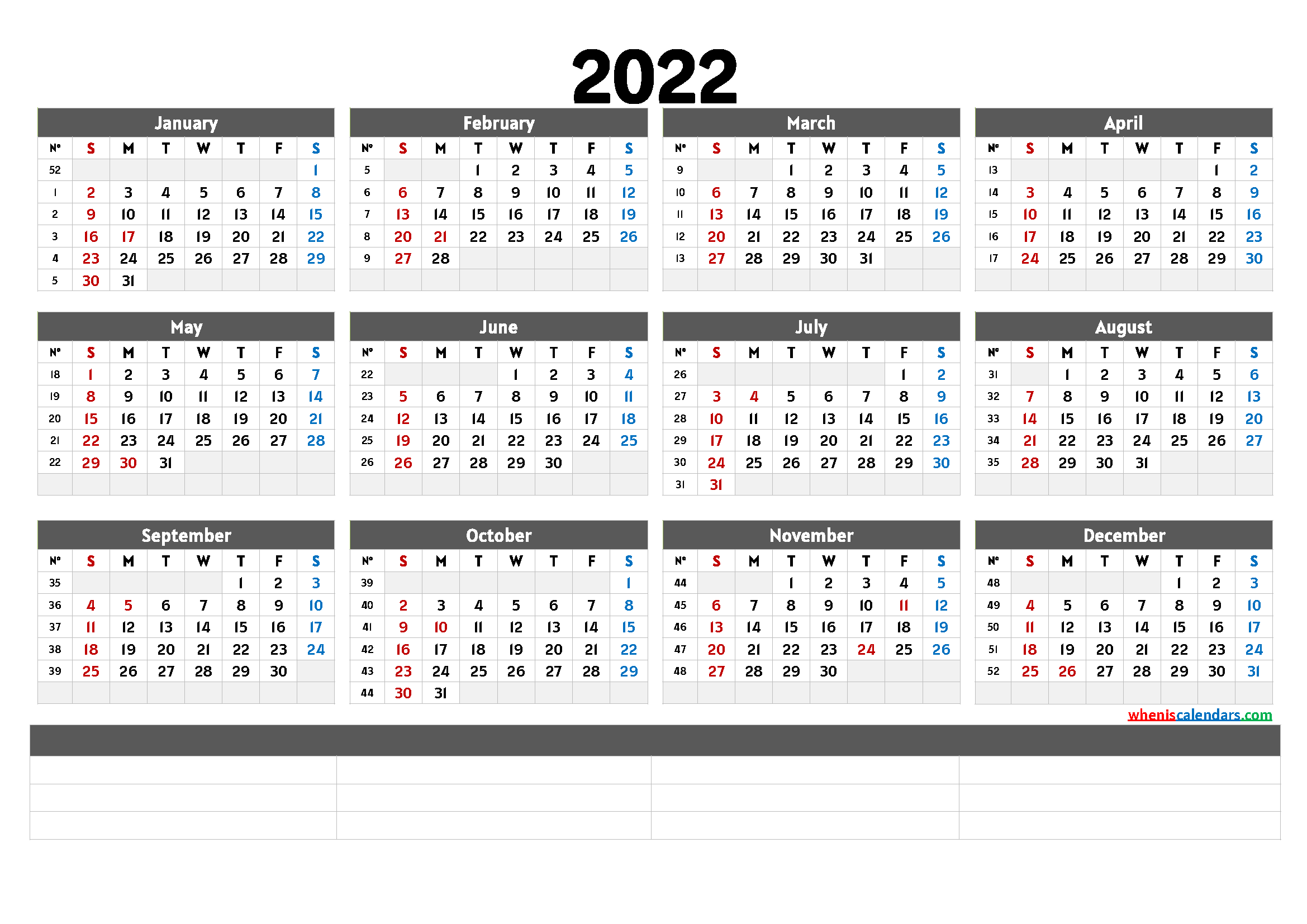 Printable 2022 Yearly Calendar 6 Templates 