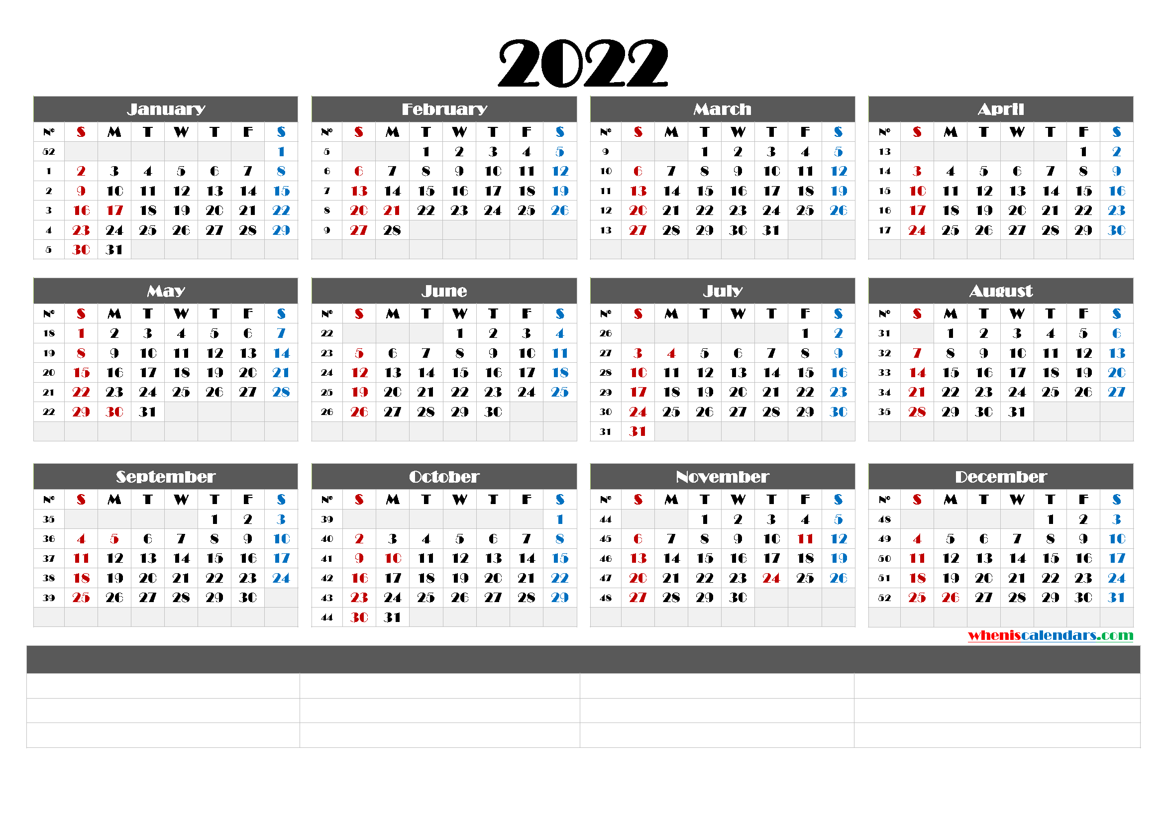2022 one page printable calendar landscape pdf image