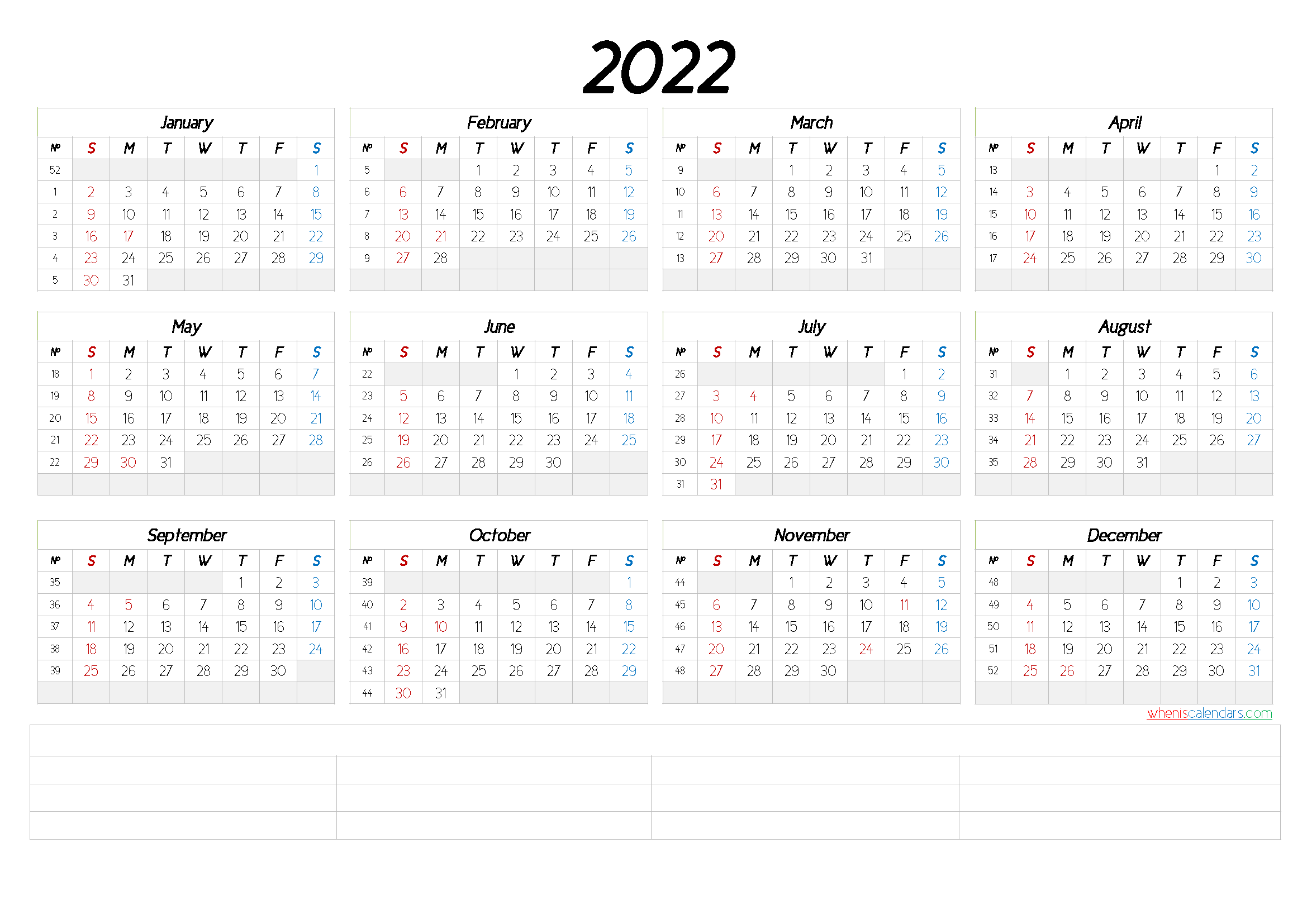 2022 Free Printable Yearly Calendar With Week Numbers 6 2022 Free 1871