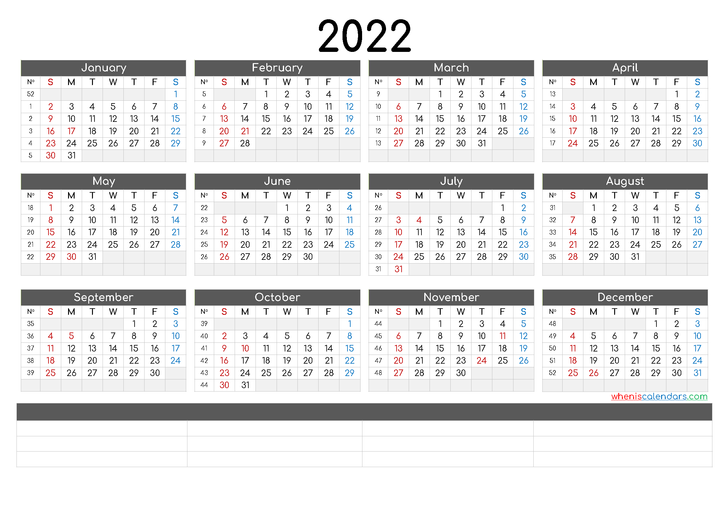 2022 one page calendar printable pdf landscape pdf image