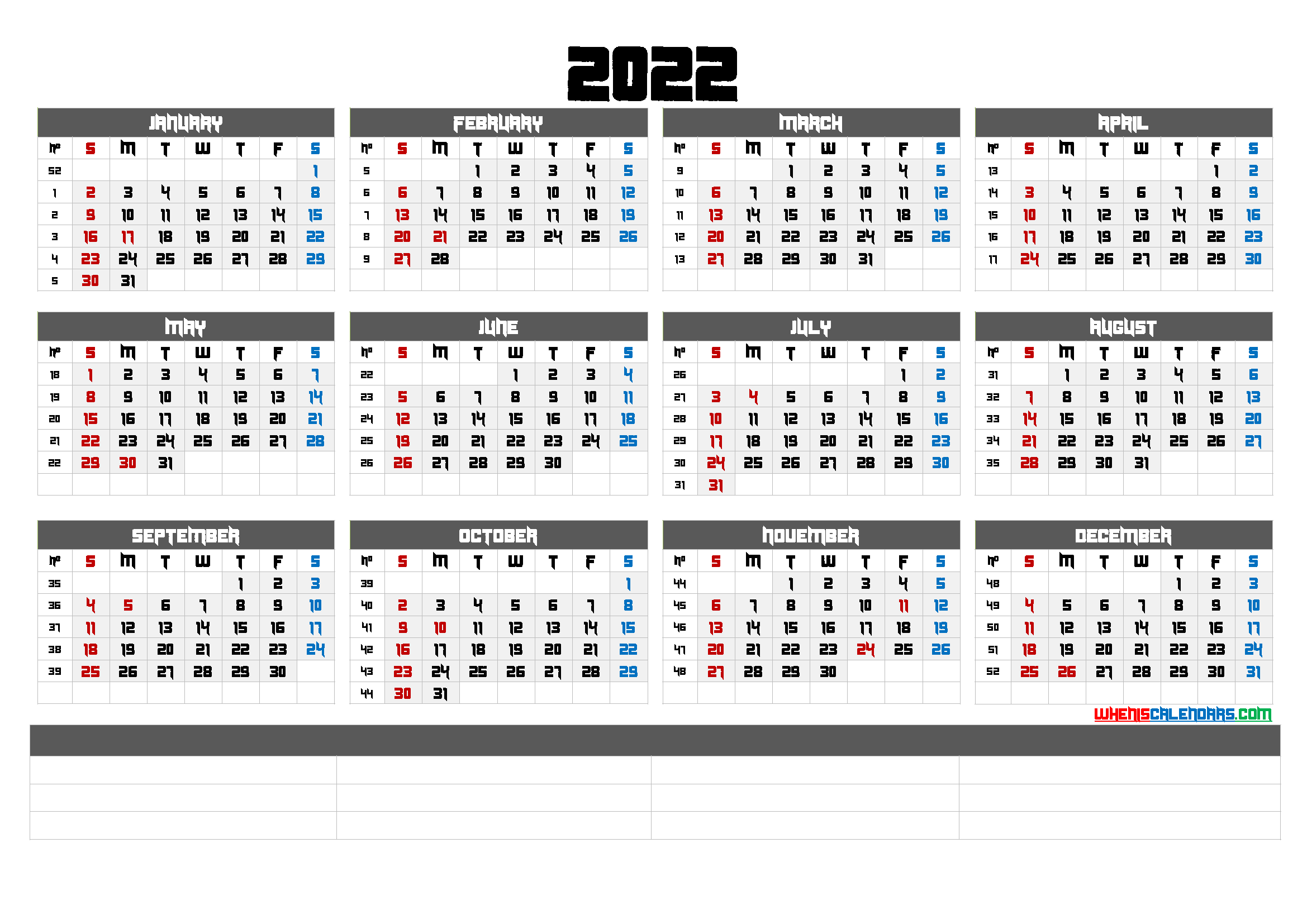 2022 printable calendar by month