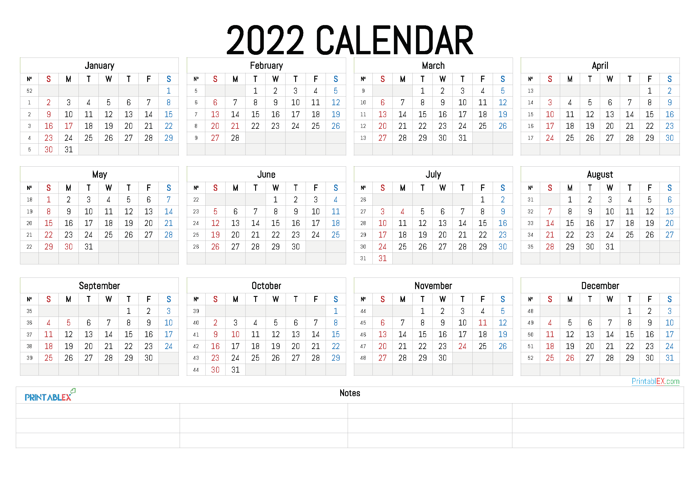 2022 printable calendar one page landscape pdf image