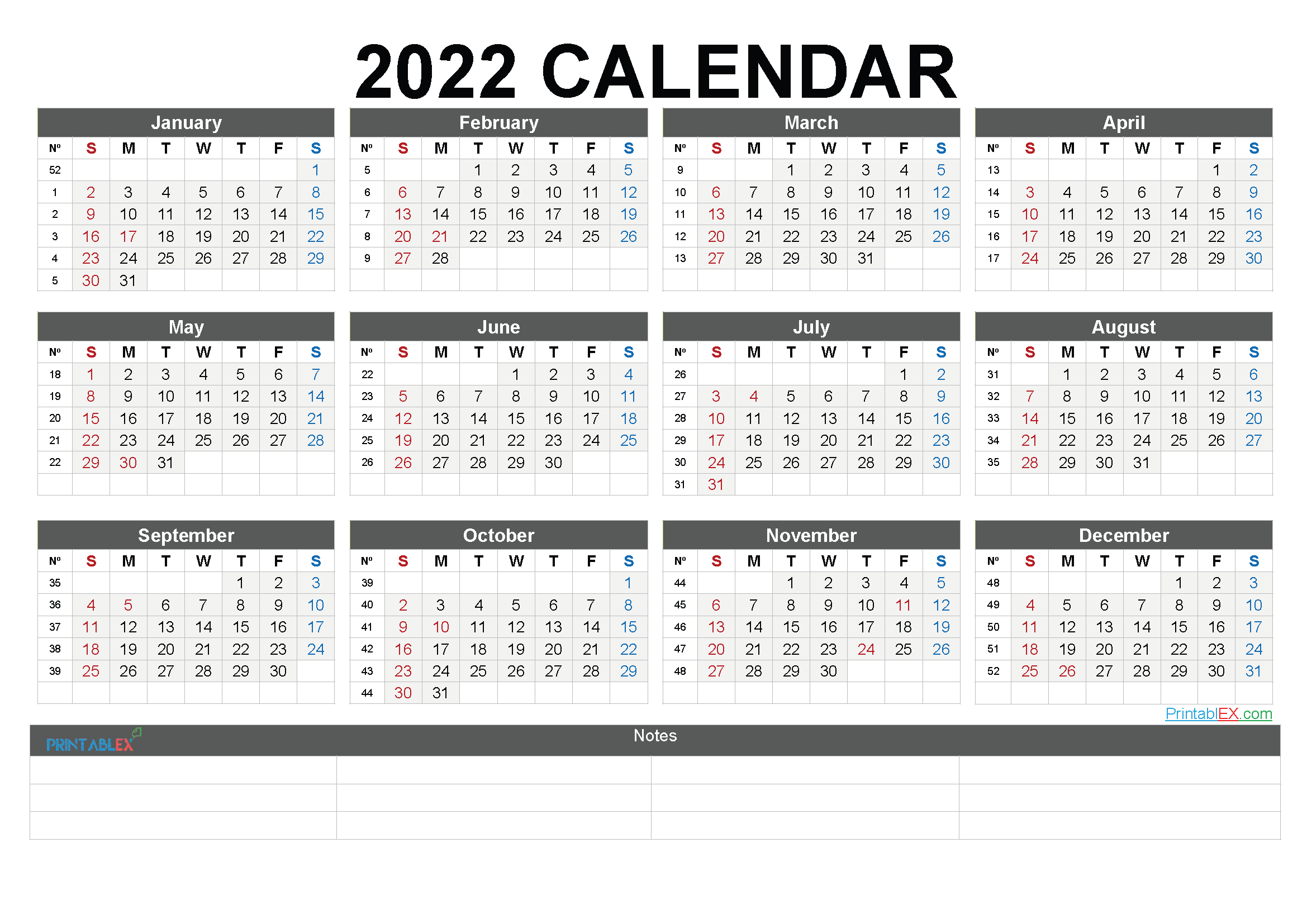 Free Printable 2022 Yearly Calendar With Week Numbers - 22Ytw201