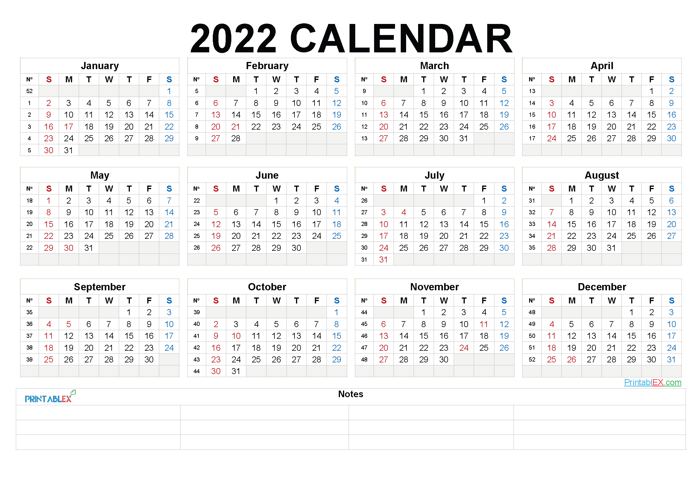 week number calendar 2022