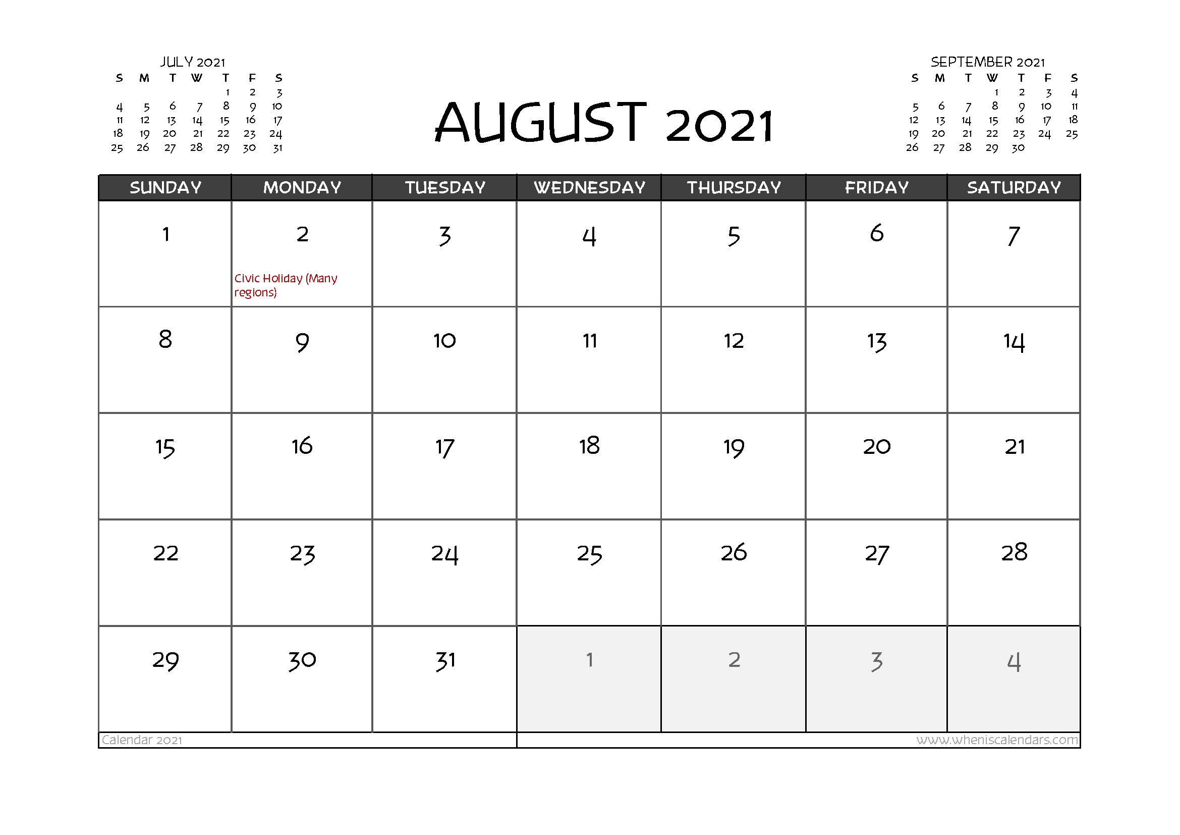 Get Free Printable Calendar August 2021 Canada Pictures