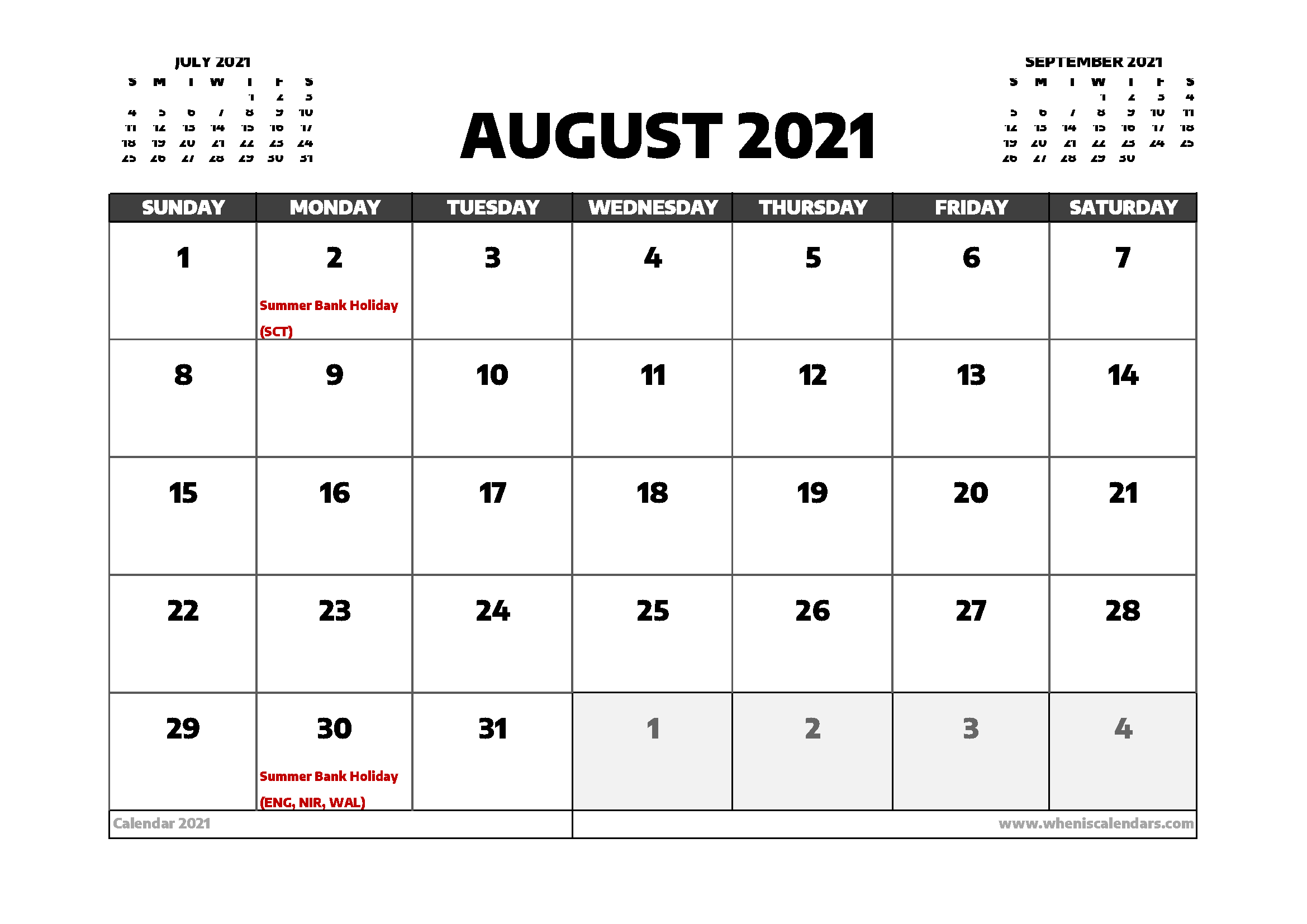 August 2021 Calendar Uk Printable