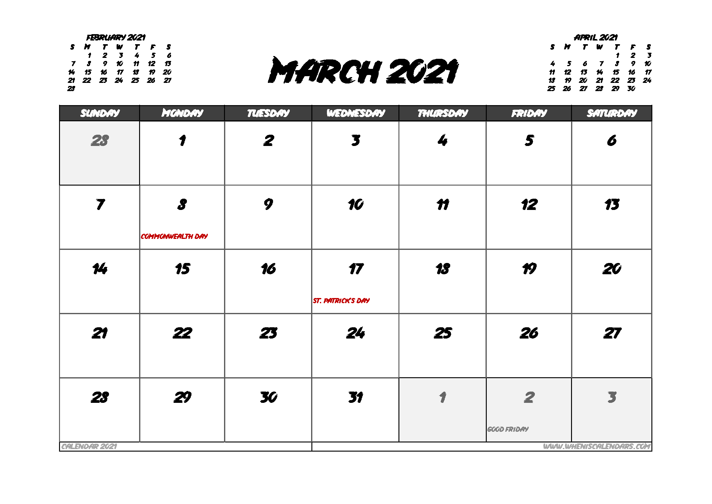 March 2021 Calendar Canada With Holidays
