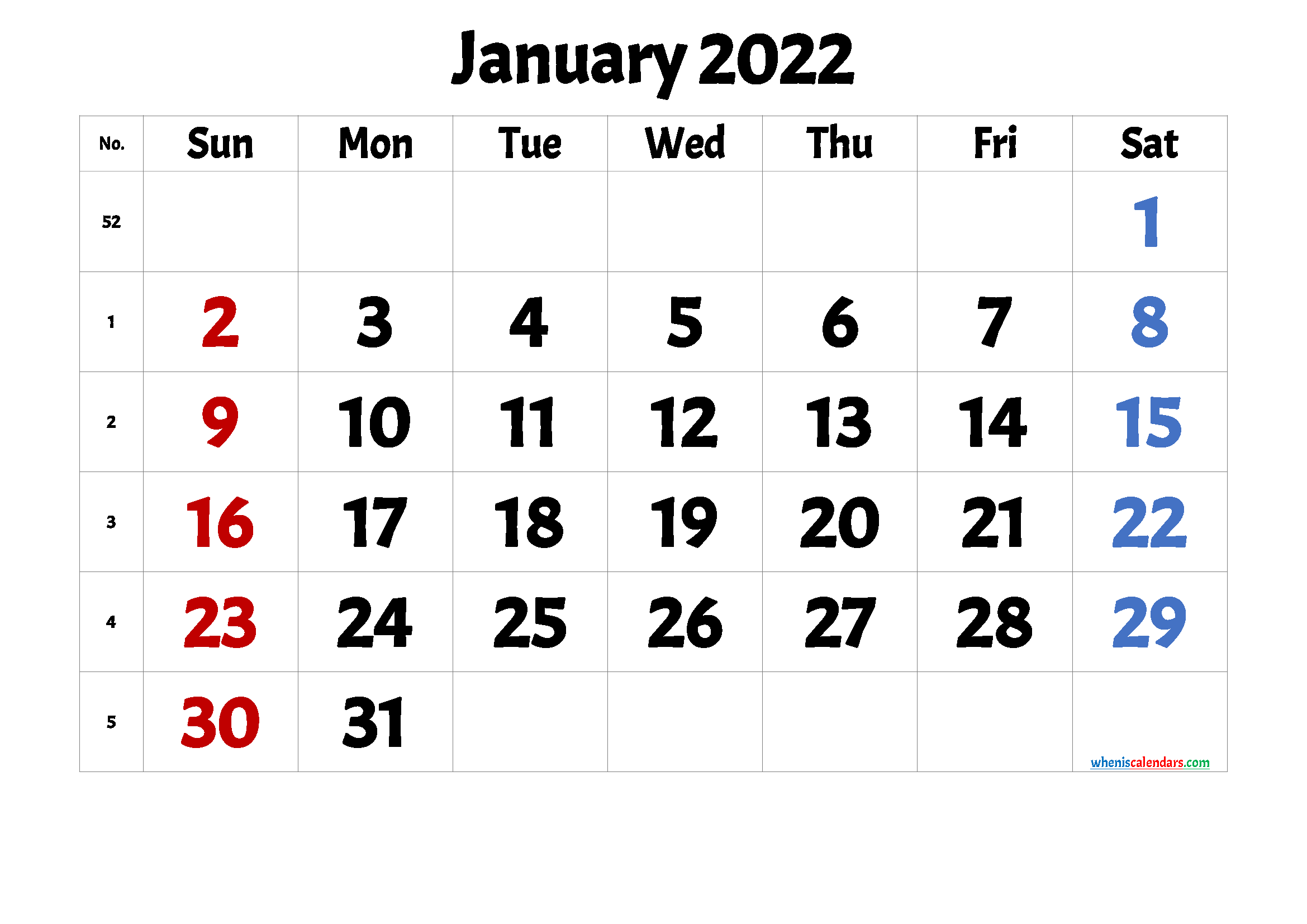 free printable january calendar 2022 pdf and image