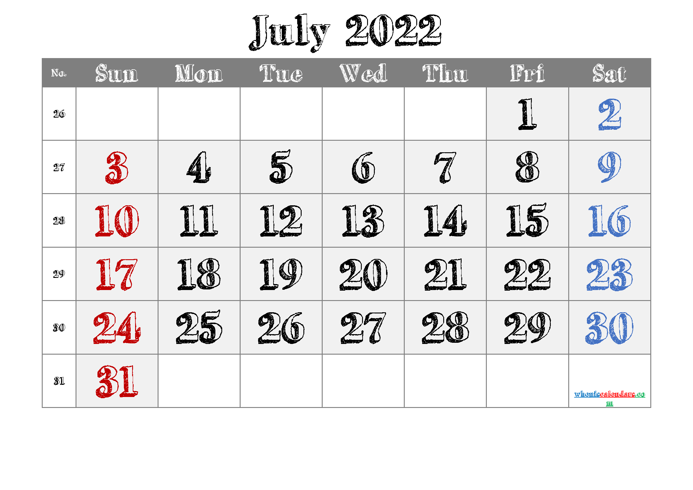 July 22 Printable Calendar