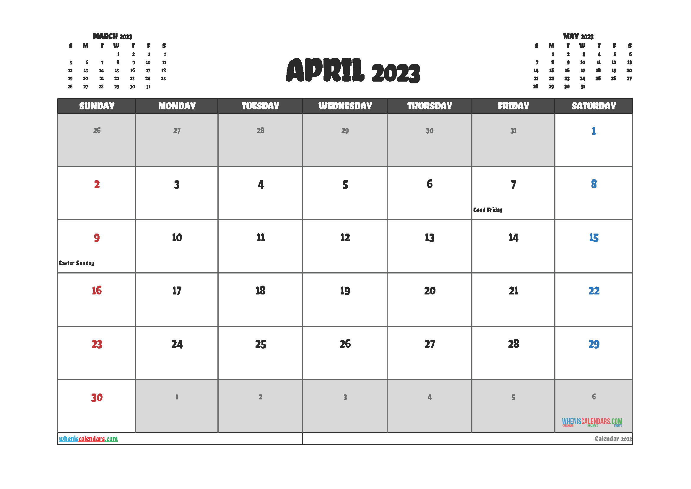 April 2023 Calendar Printable Pdf With Holidays Free Template Vrogue