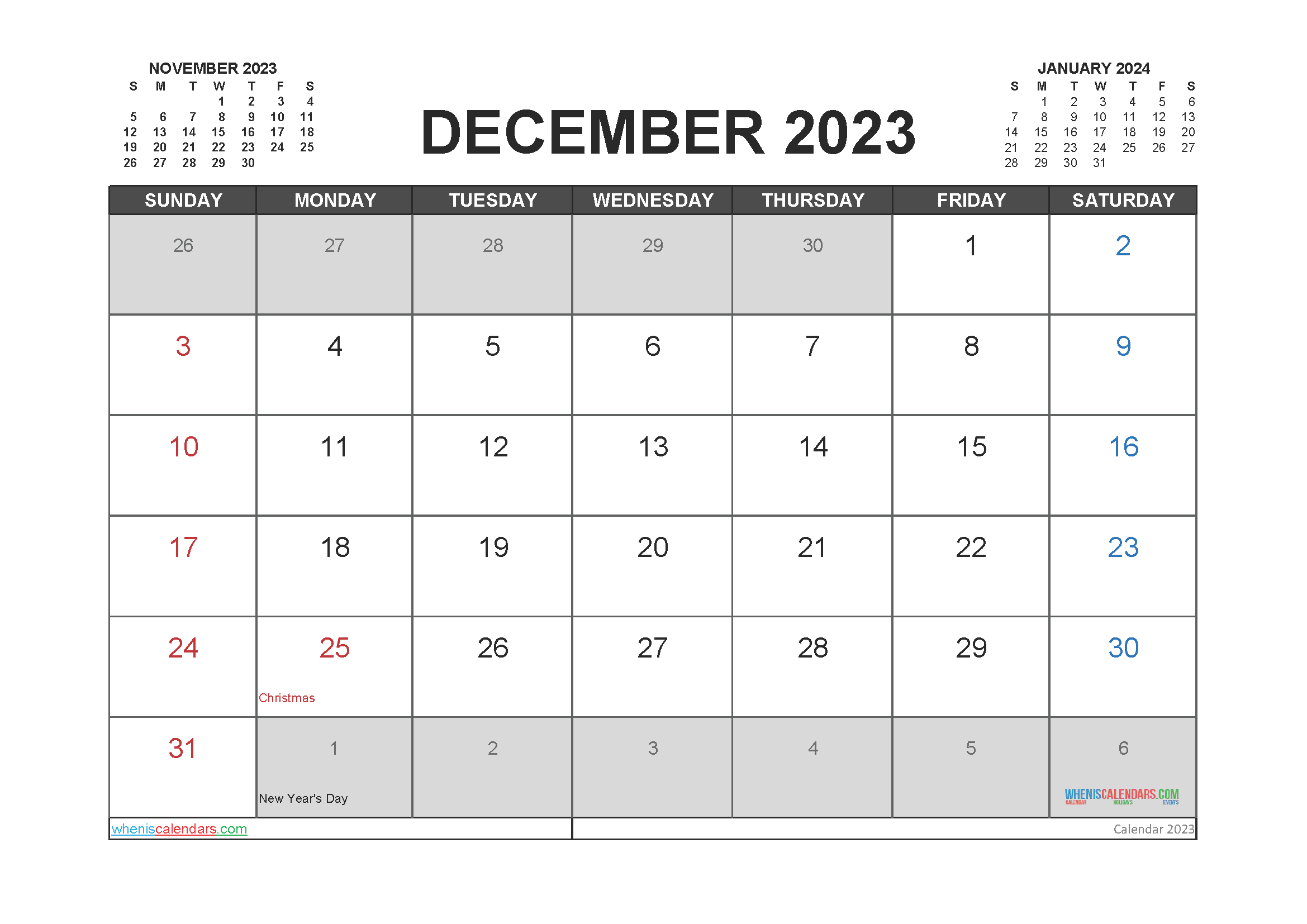 Printable Free Calendar December 2023