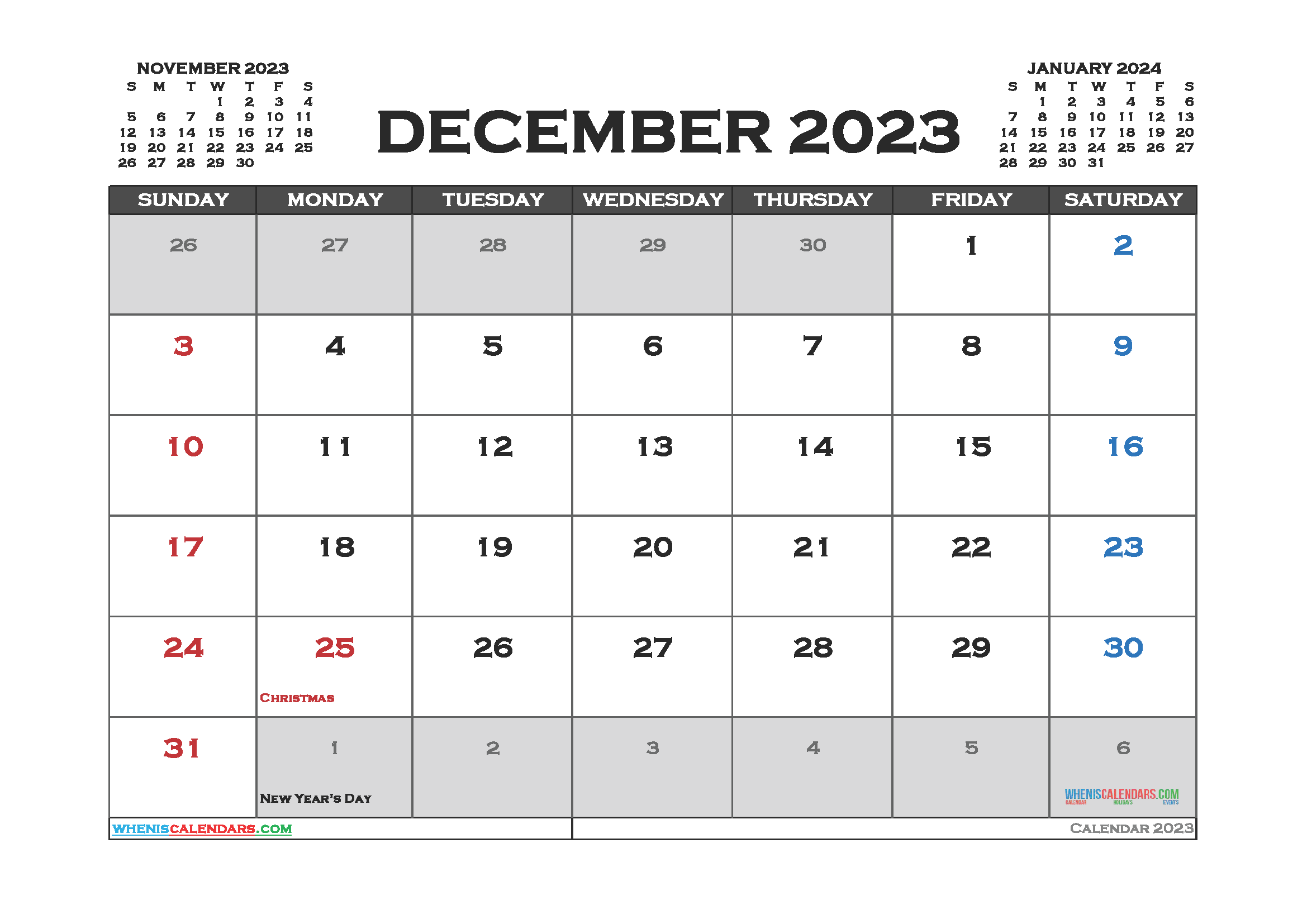Free Printable December 2023 Monthly Calendar With Holidays