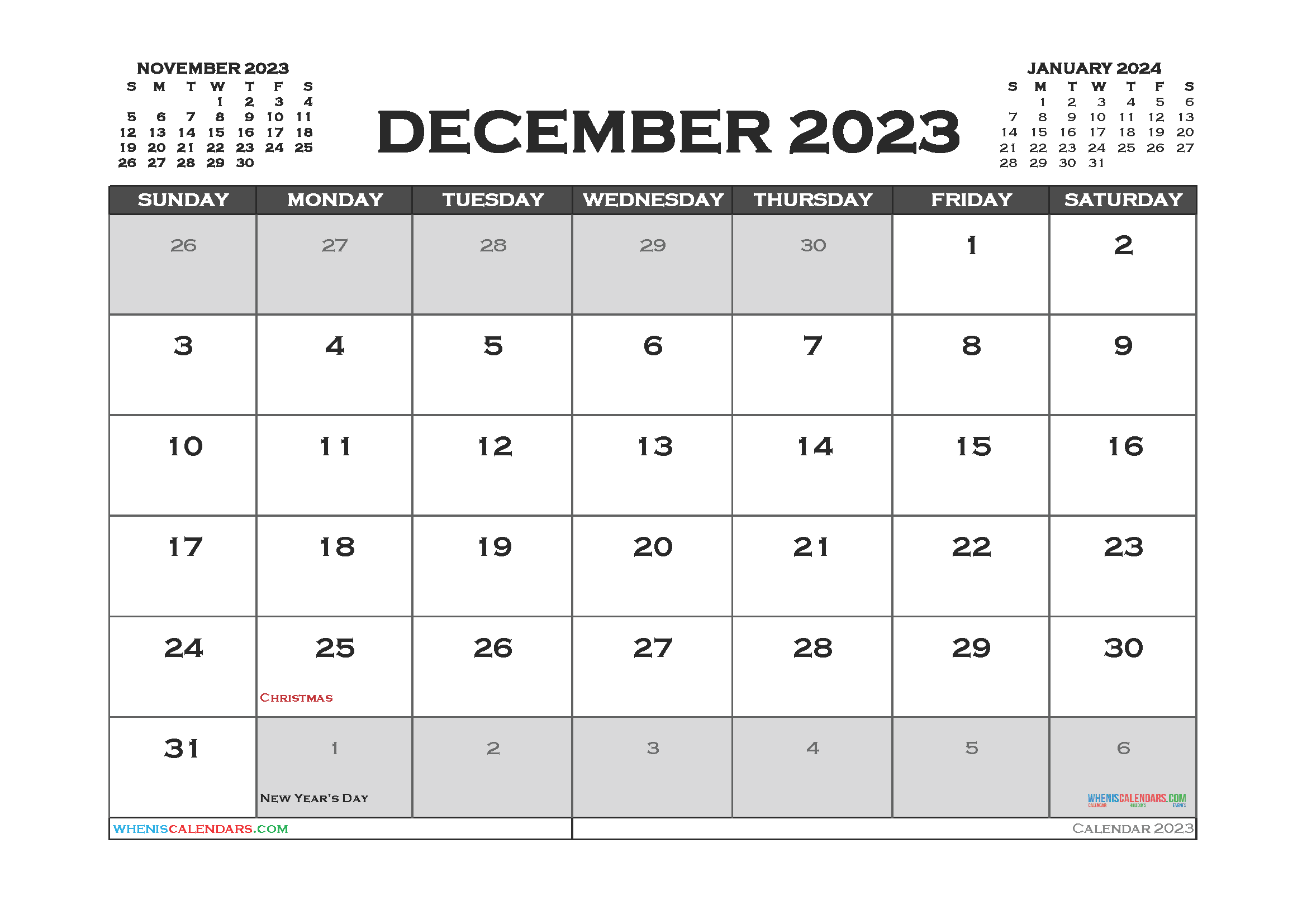 December 2023 Calendar Printable Free Word Pdf