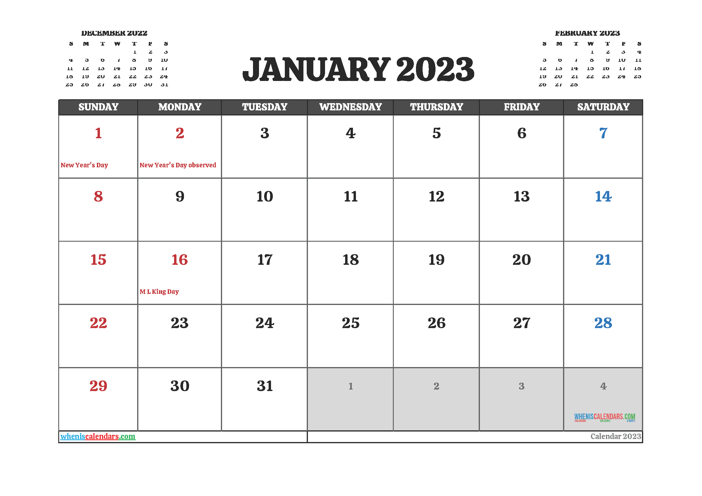 January 2023 Free Printable Calendar Printable World Holiday