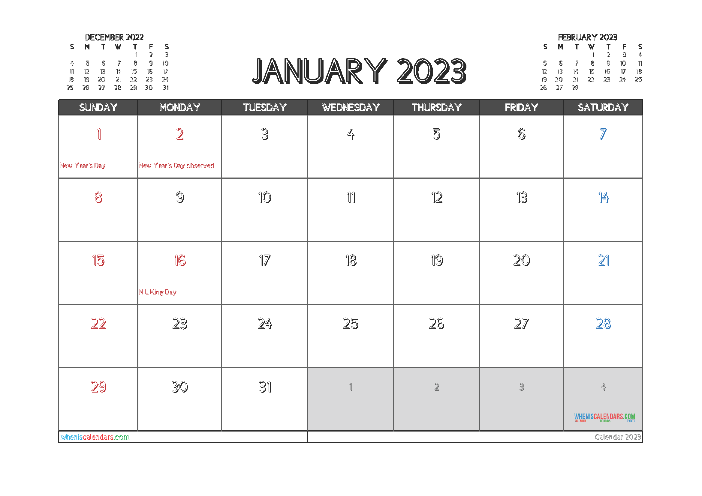 Print Free Jan 2023 Calendar