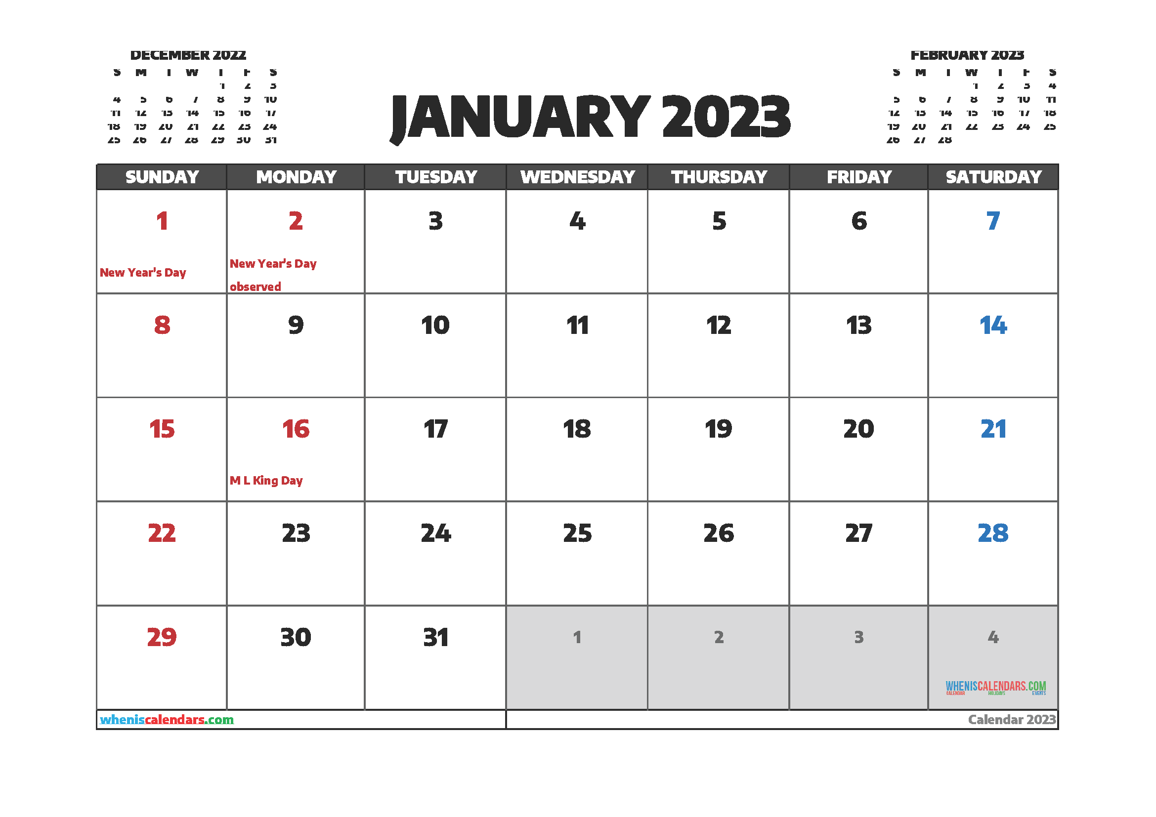 Printable January 2021 Calendar Templates 123calendarscom January 2023 Calendar Templates For 