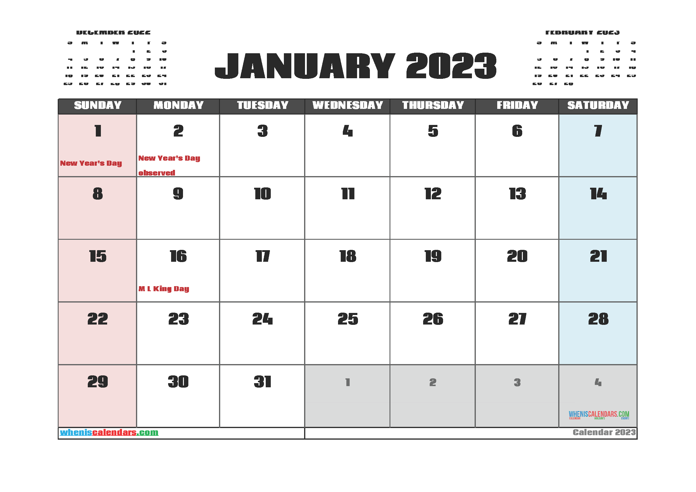 2023 printable calendar with holidays - free printable calendar 2022 ...