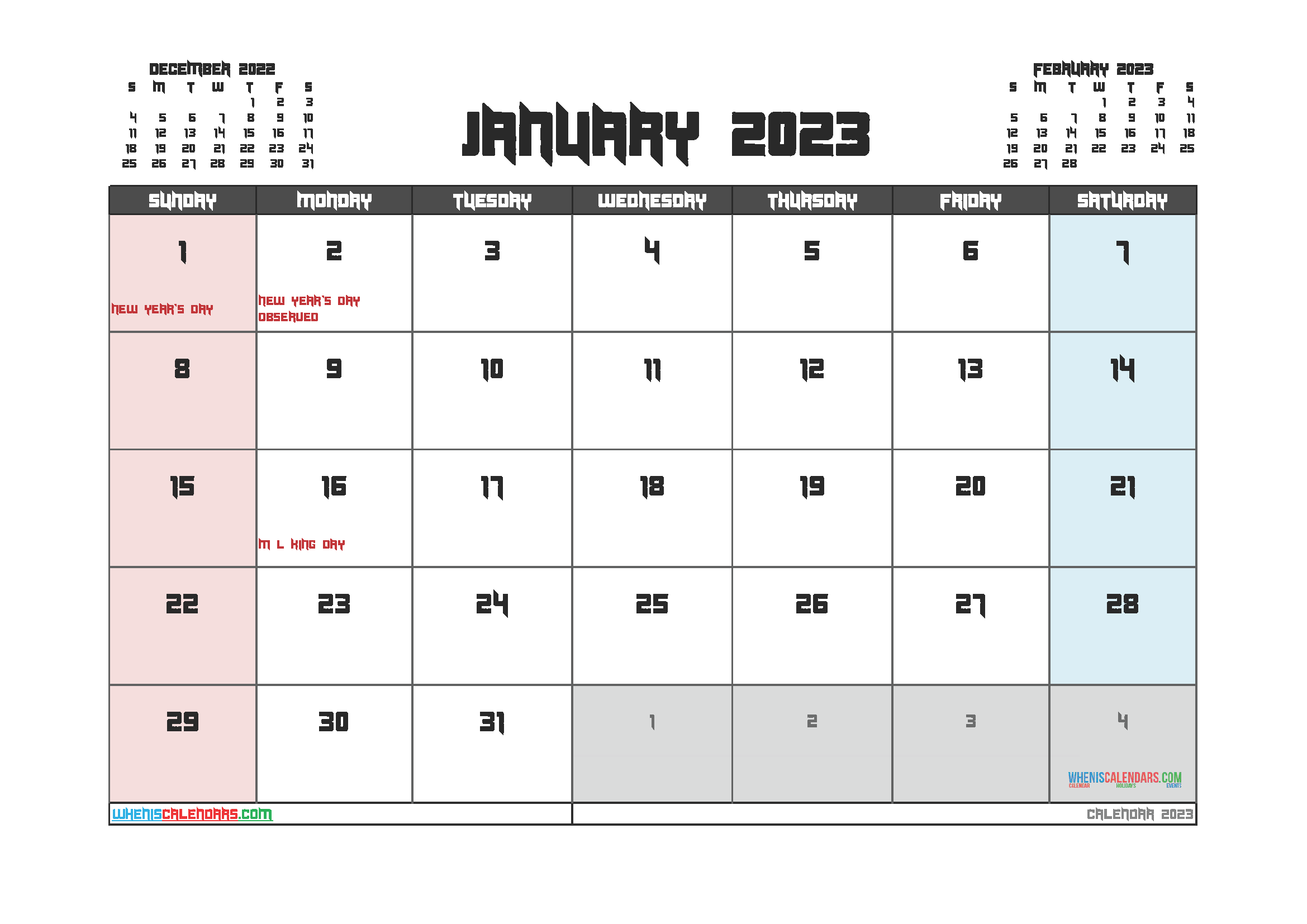 January 2023 Calendar With Holidays (PDF And Image)