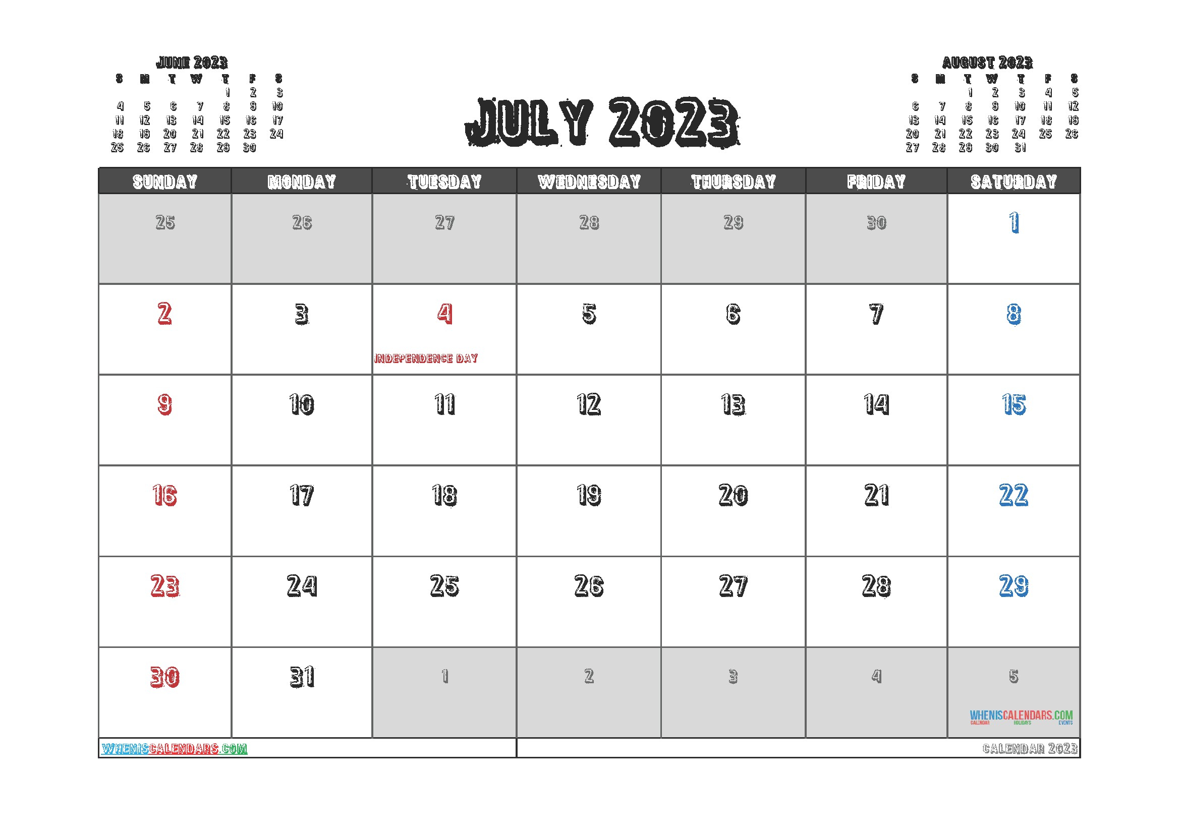 Free Printable July 2023 Calendar Templates
