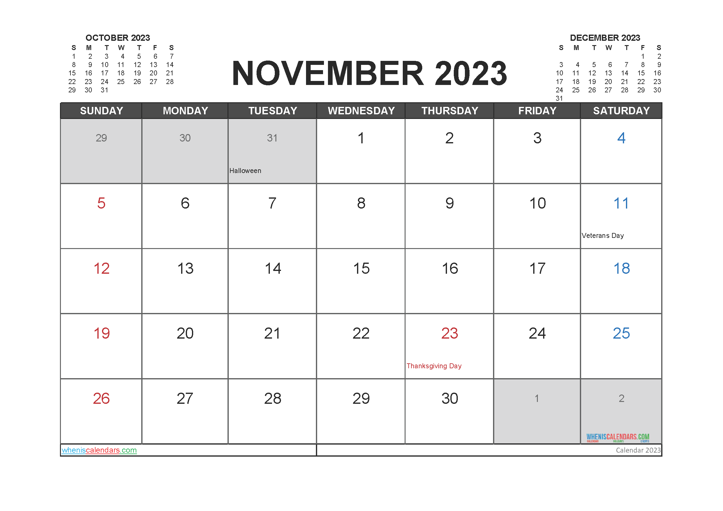 Free Printable November 2023 Calendar - 12 Templates