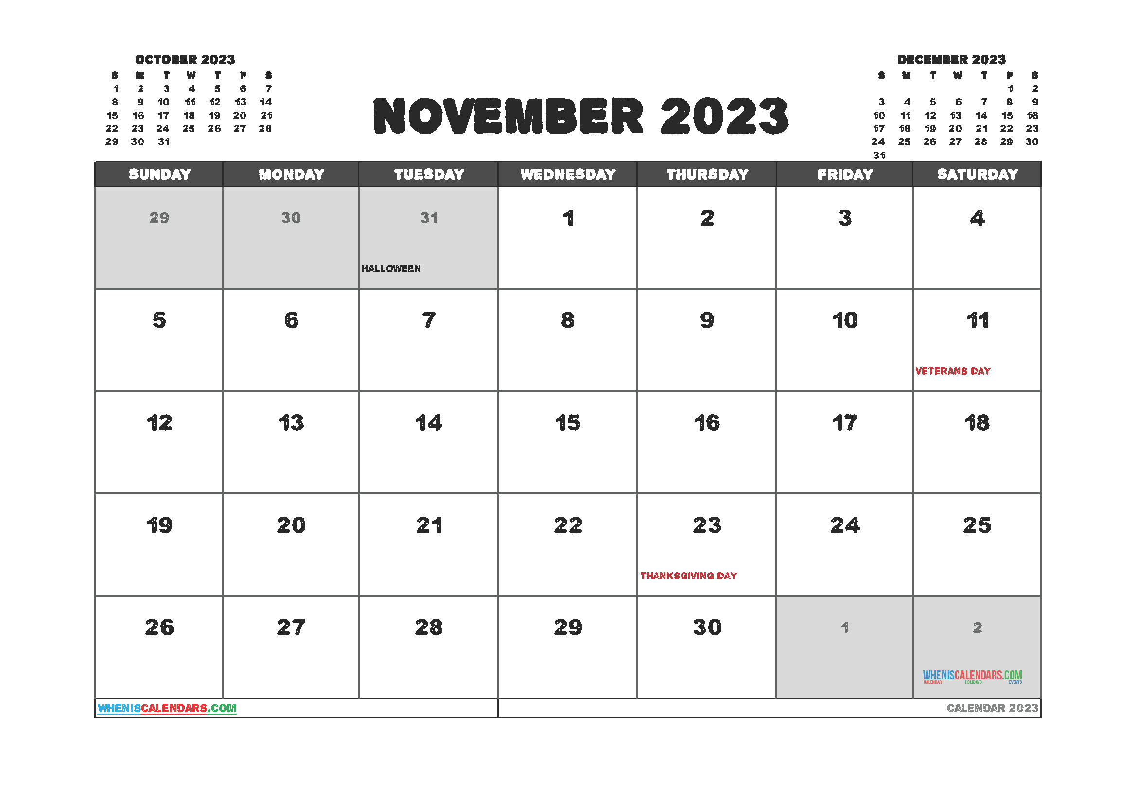 Free November 2023 Calendar With Holidays (PDF And Image)