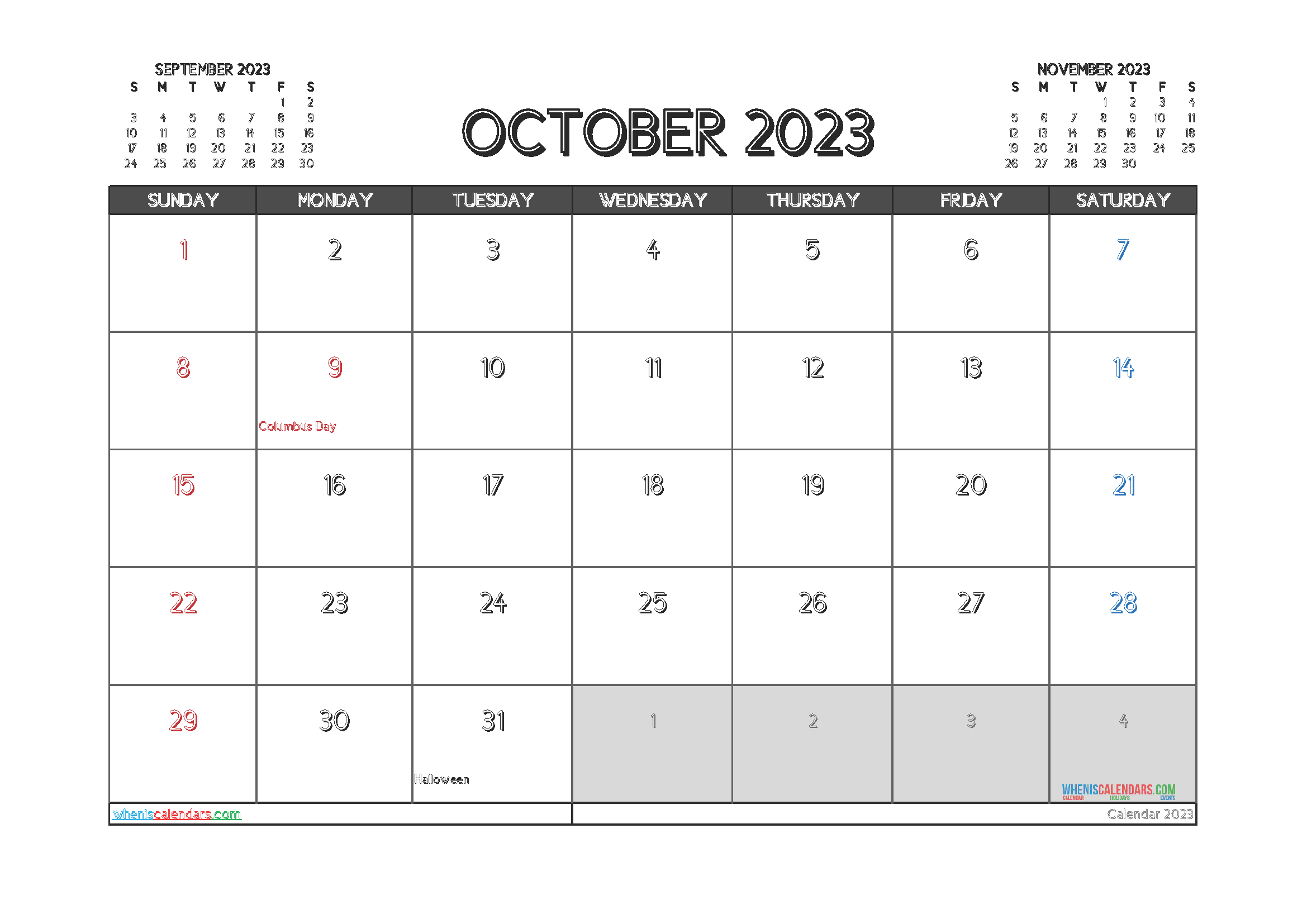 Printable Calendar October 2023 Free (3 Month Calendar)
