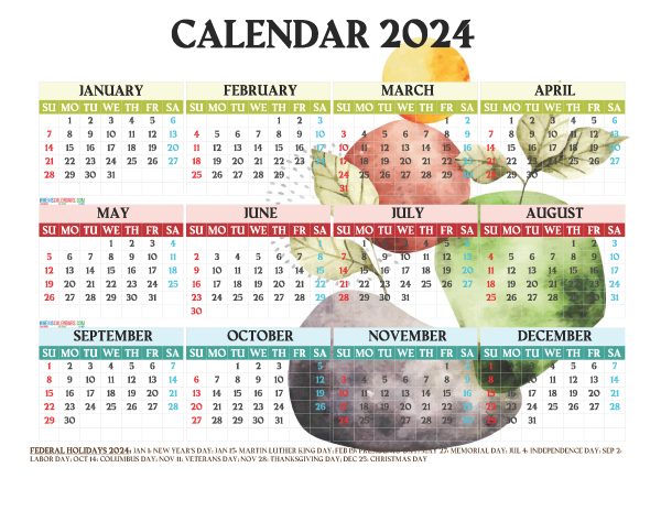 free 2024 printable yearly calendar with holidays 12 templates watercolor