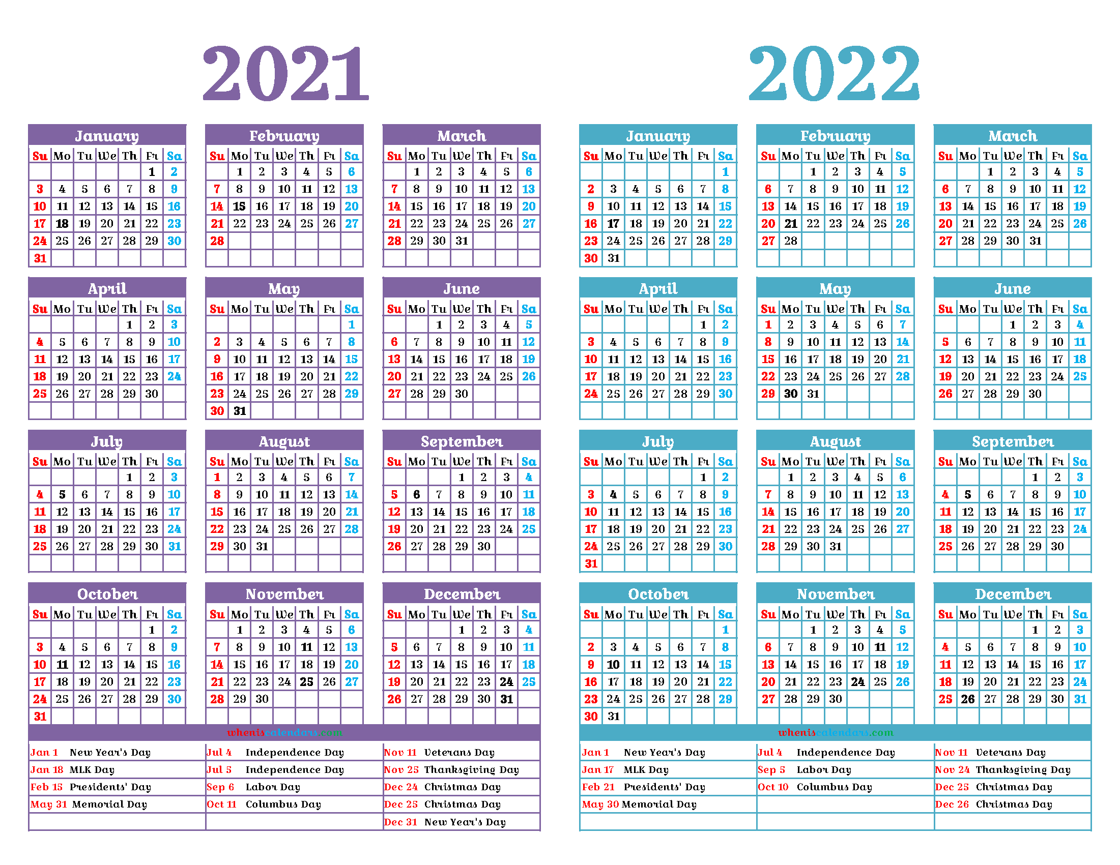 2021 And 2022 Printable Calendar With Holidays (12 Templates)