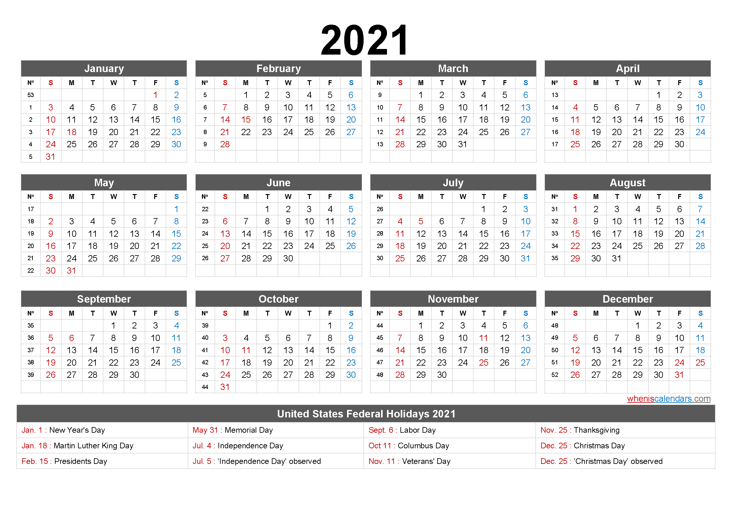 2022 printable yearly calendar one page