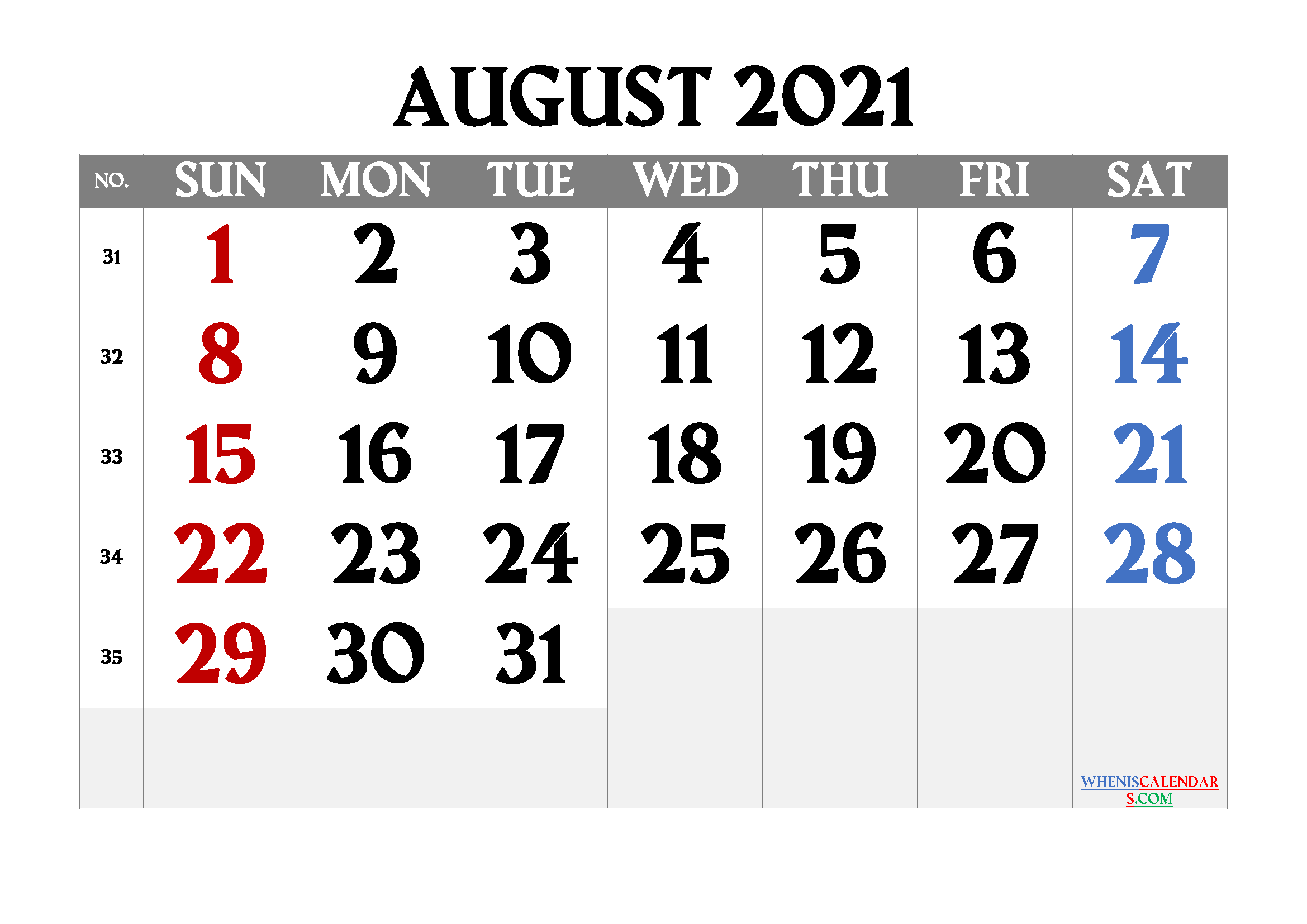 Calendar August 2021 Printable Template Business Format