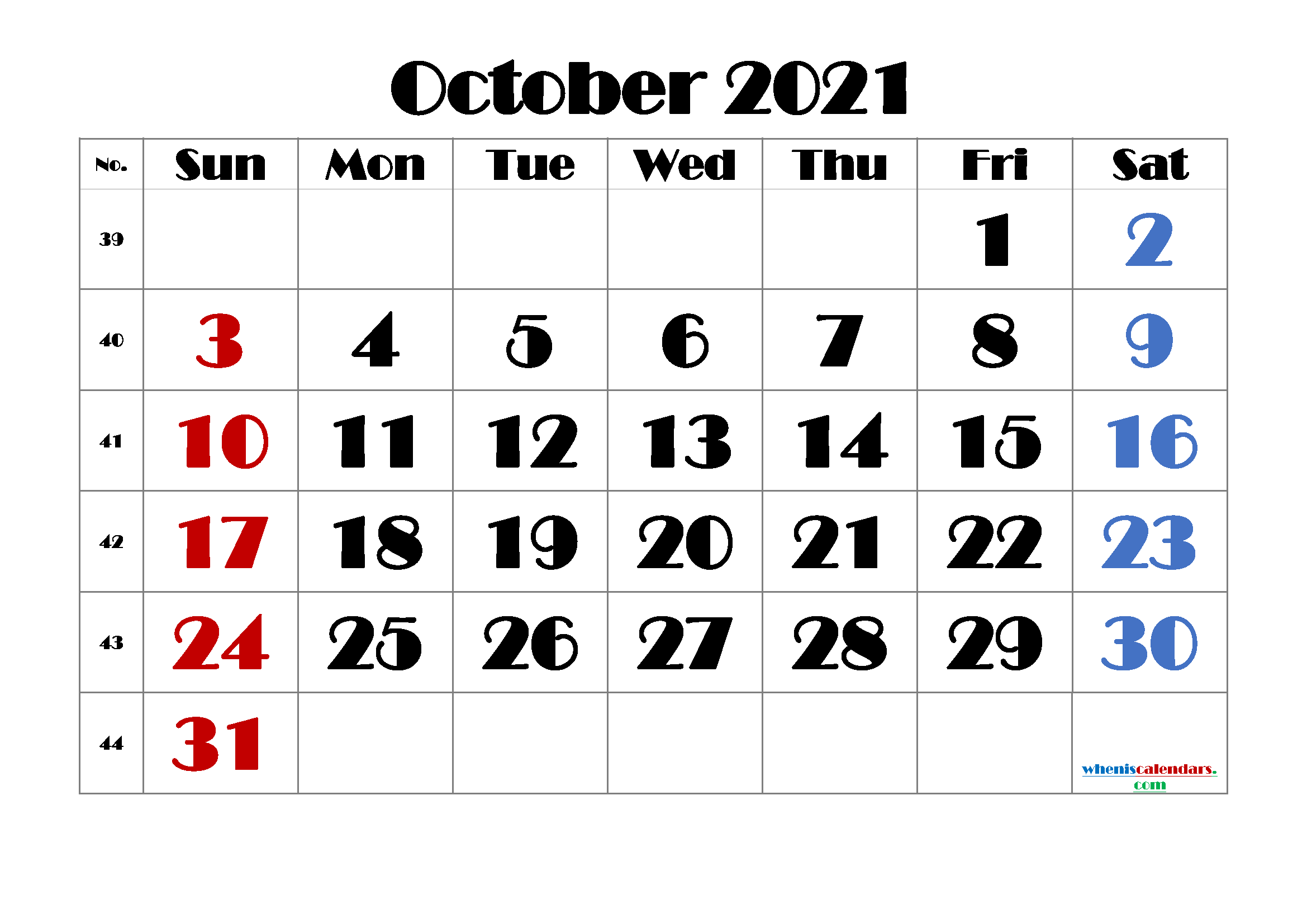 Printable Calendar For October 2021