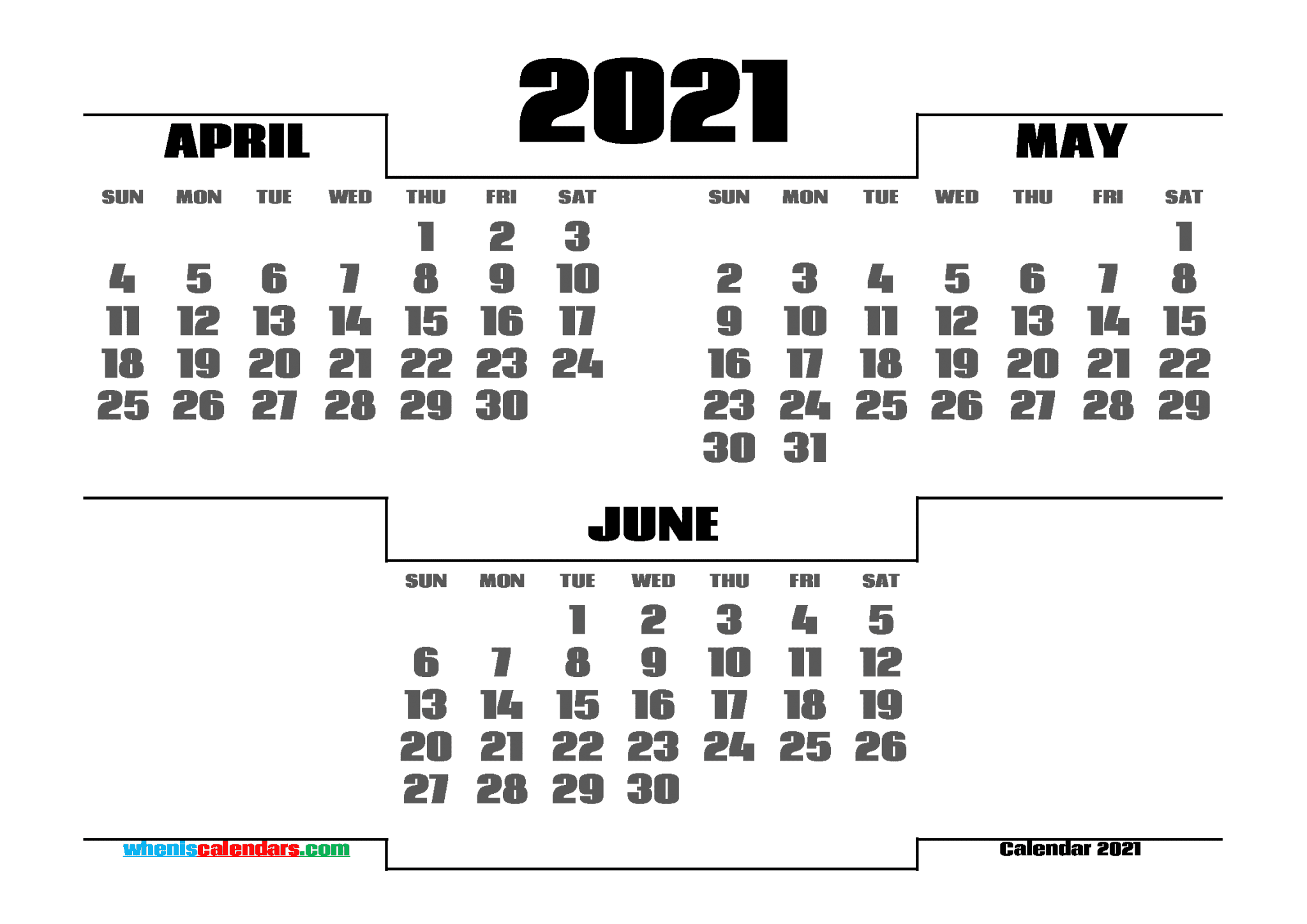 Calendar April May June 2021 Printable 214733