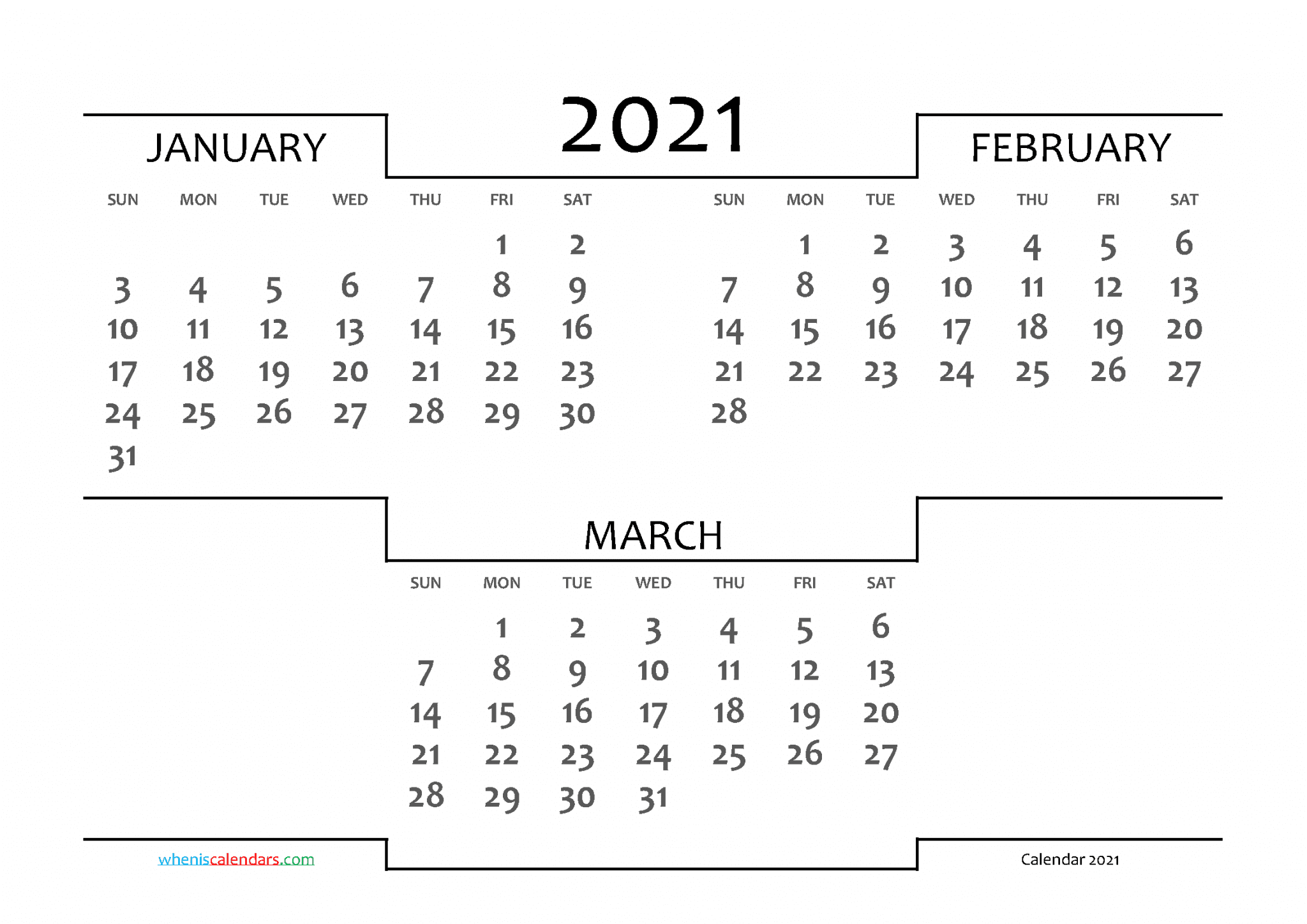 January February March 2021 Calendar Printable 214831