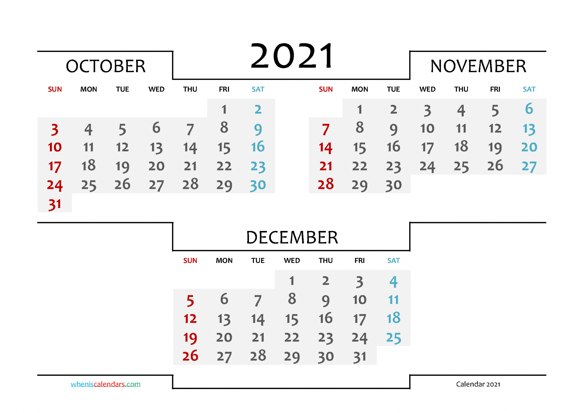 October November December 2021 Printable Calendar 215006
