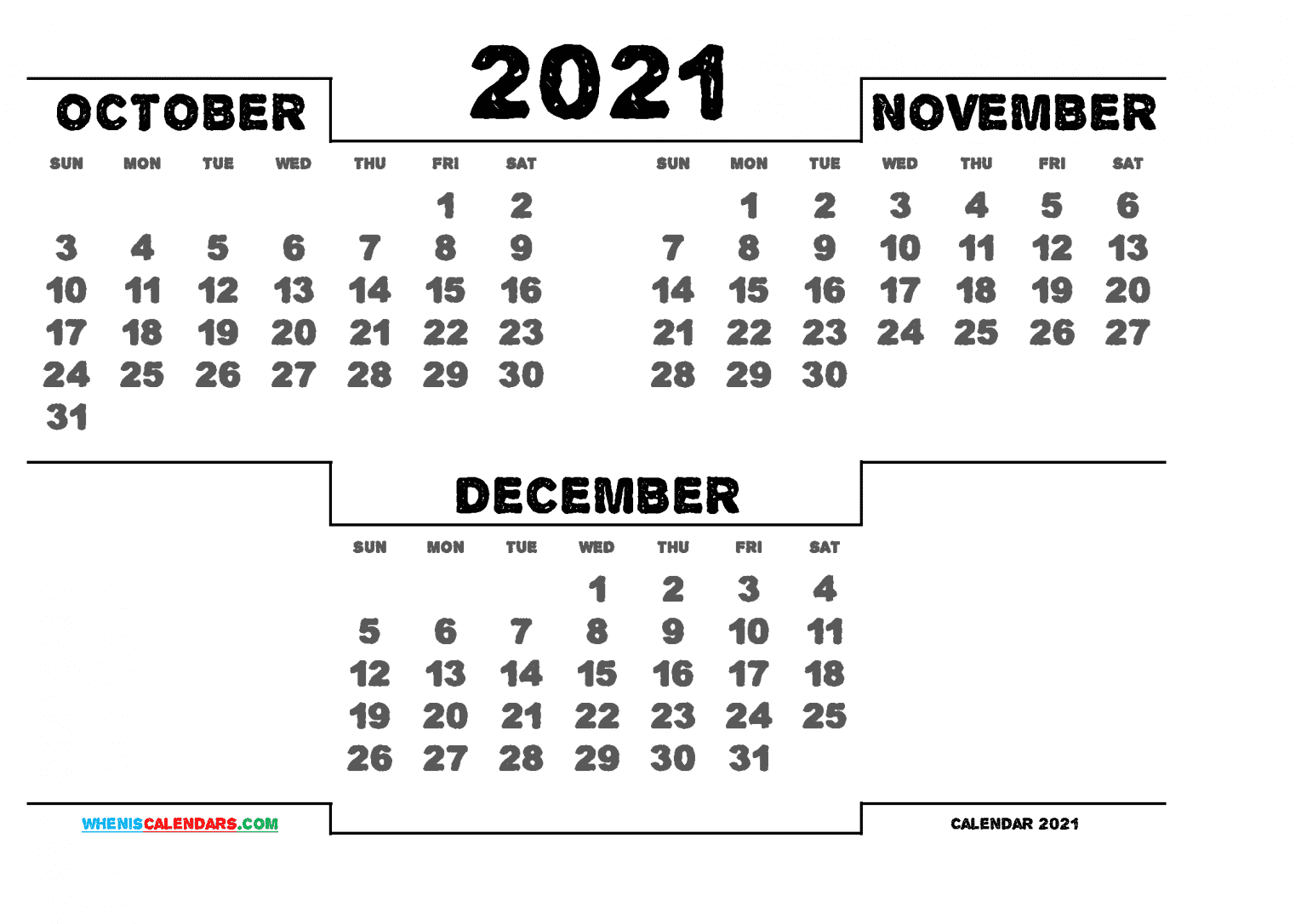 Free October November December 2021 Calendar Printable 6 Templates