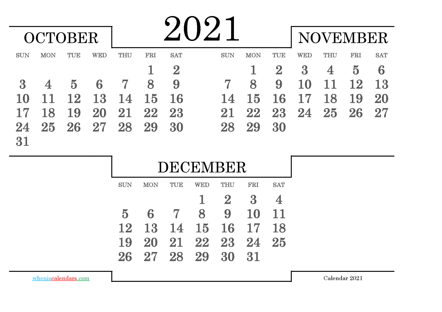 Printable 3 Month Calendar October November December 2024