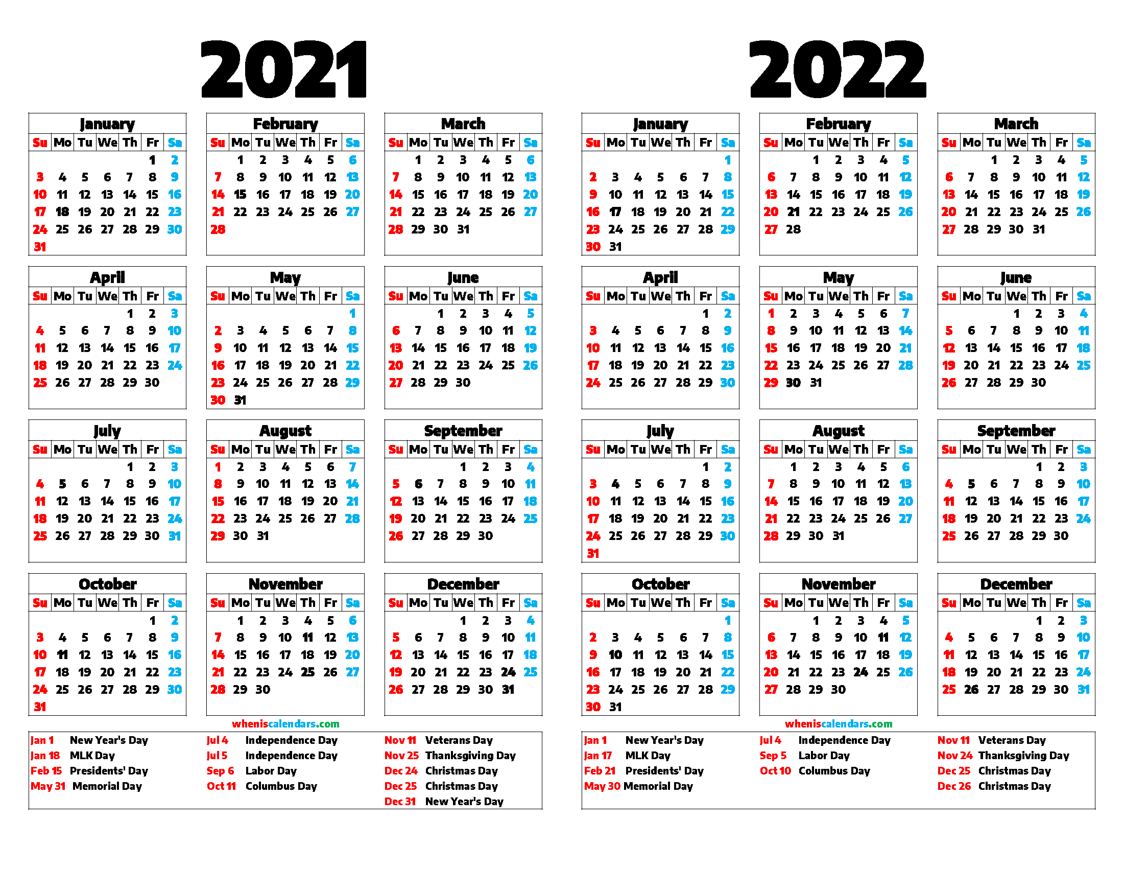 free two year calendar 2021 and 2022 printable